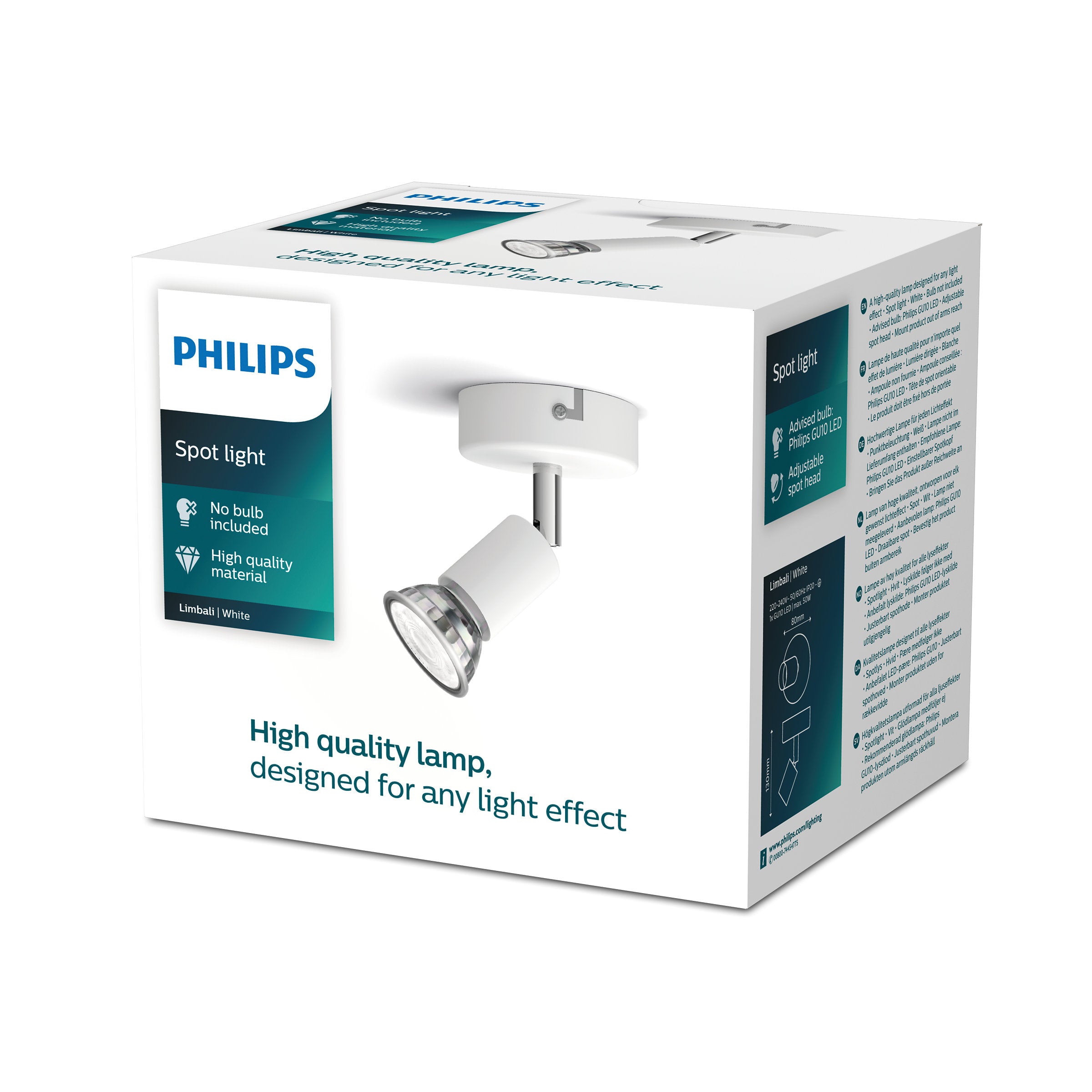 Pakke med Limbali enkeltstående hvid lampe 1x50W 230V fra Philips med fokus på høj kvalitet og design til lys effekter indeholdende detaljer om lyskilden og materialerne der er brugt
