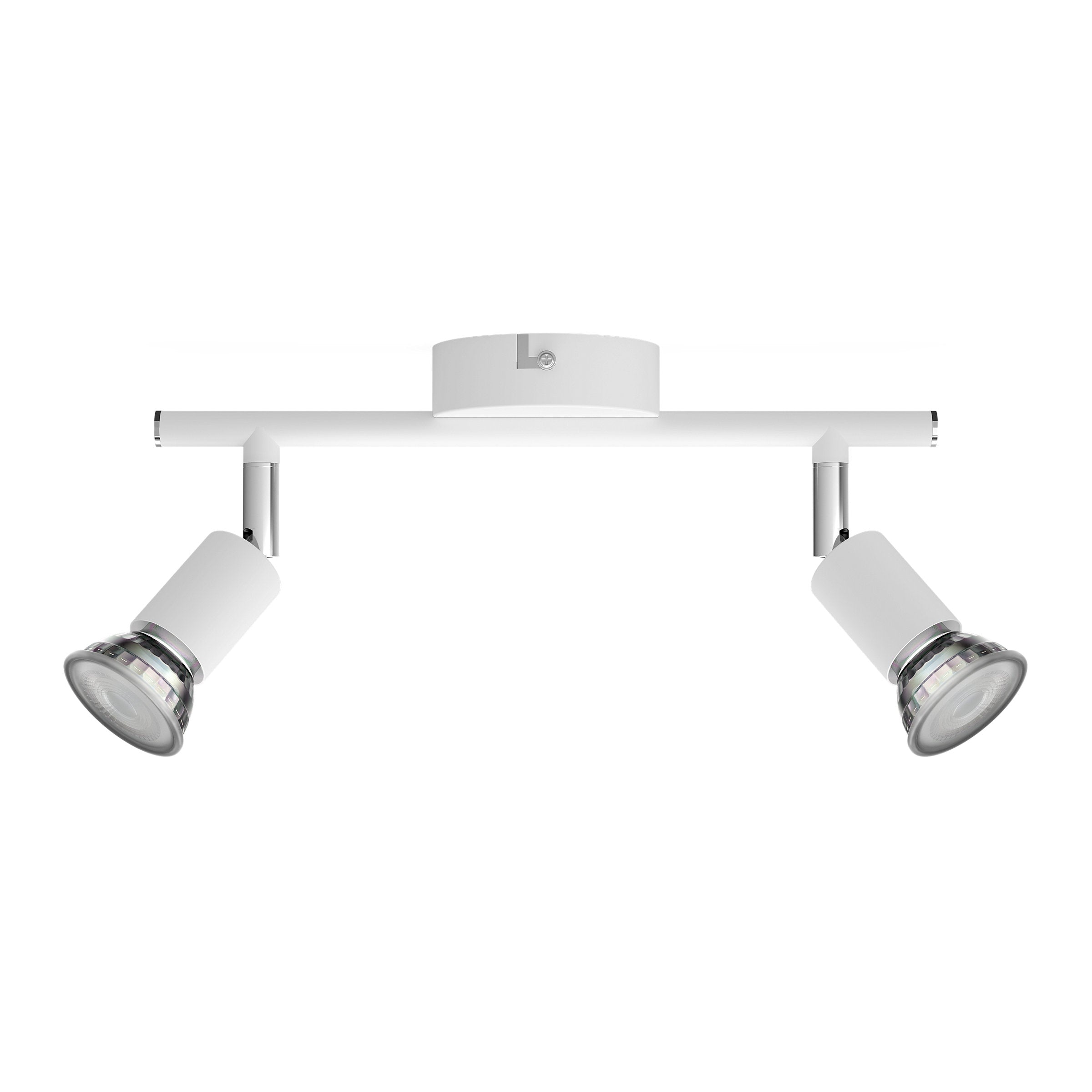 Limbali bar med to justerbare lyskilder i hvid farve monteret på en rund base med kromdetaljer passer til moderne indretning og giver effektiv belysning i boligen