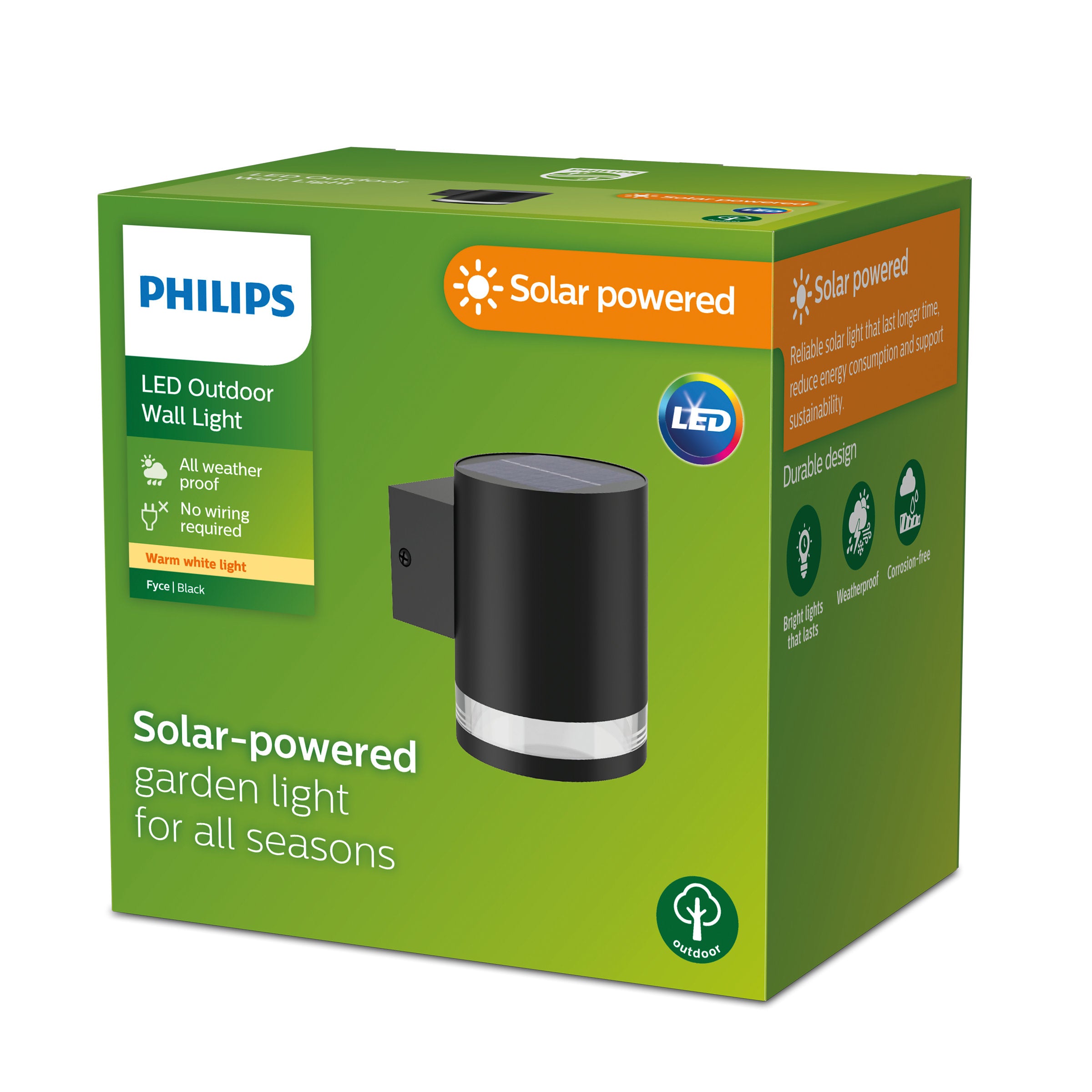 Produktbillede af Fyce SR WA 1.5W 27K BL 06 solcelledrevet udendørs væglampe fra Philips med en sort kasse og illustration af lampen samt information om at den er vejrbestandig og nem at installere uden ledninger