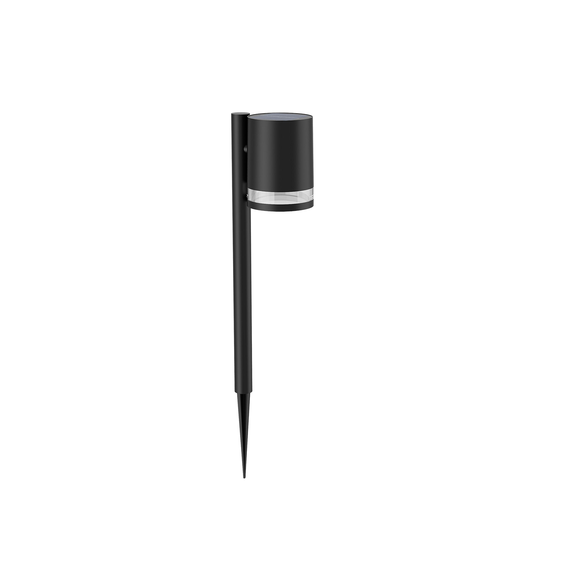 Sort solcellelampe med rund top og lang spydformet sokkel til nedstikning i jorden designet til udendørs belysning 1.5W 27K 06