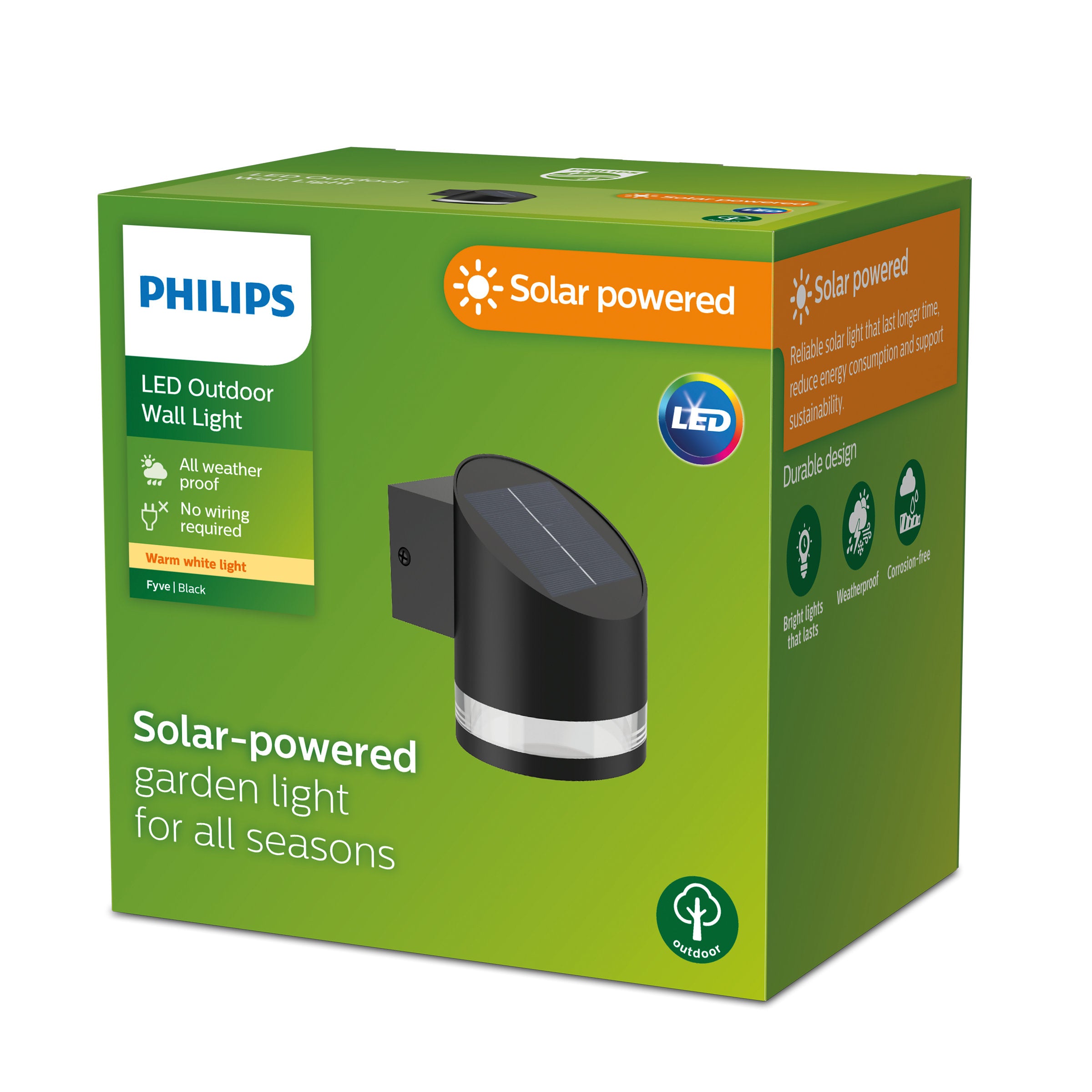 Billede af emballagen til Philips LED udendørs væglampe Fyve SR WA 1.5W 27K BL 06 med solenergi, der viser et moderne design med en sort lampehoved og klar lampehus, der gør det klart at lampen er vejrbestandig og ikke kræver installation af ledninger, samt egnet til alle årstider.