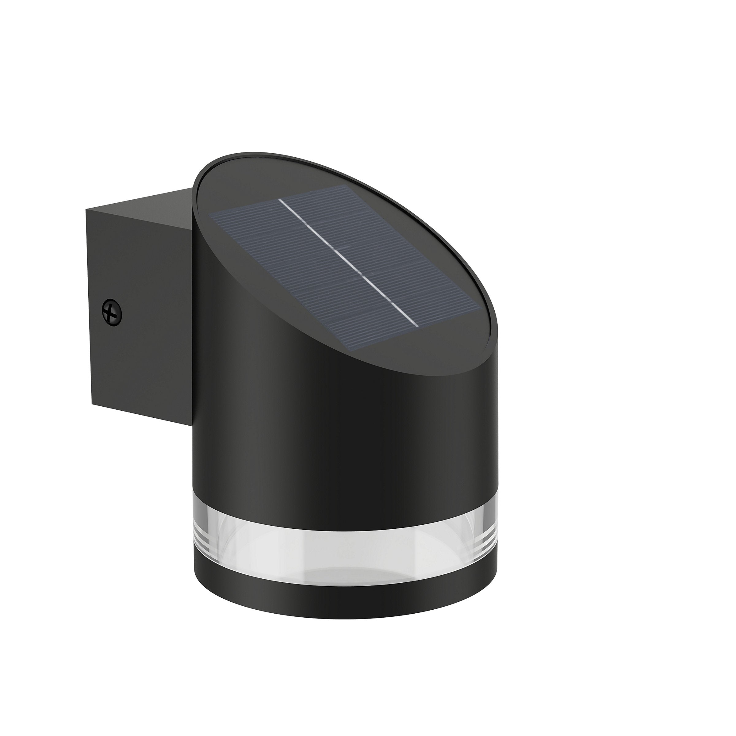 Solcellelampe Fyve SR WA 1.5W 27K BL 06 med oval design og sort krop monteret på væg med gennemsigtig lysdiffusor nederst