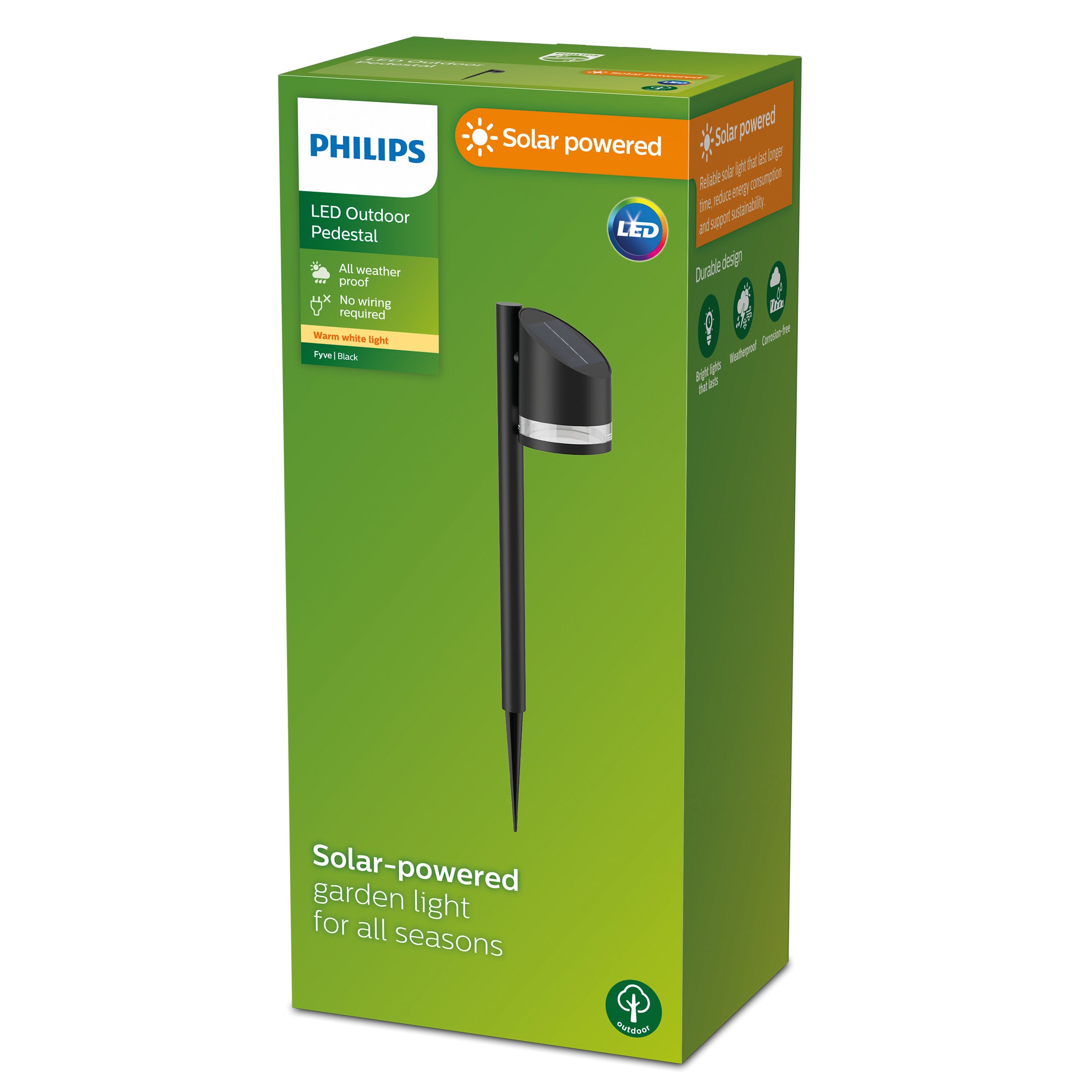 Pakke med solcelledrevet LED udendørs lysekrone fra Philips designet til haven alle årstider. Produktet præsenterer en sort farve og tilbyder varm hvid belysning. Det er vejrbestandigt og kræver ikke elektrisk ledning.