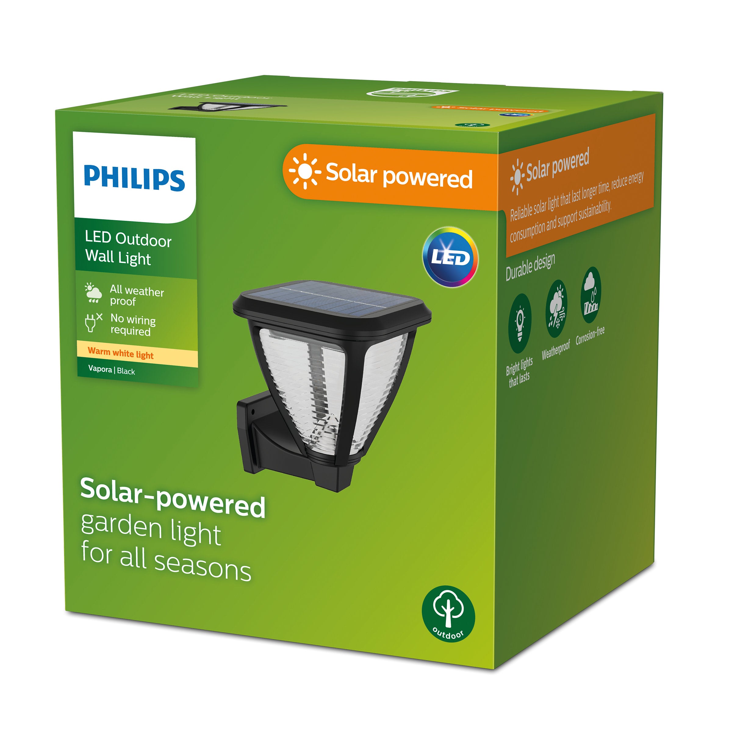 Billede af en grøn papkasse med produktet Vapora SR WA 1.5W 27K BL 06 som er en solcelledrevet udendørs væglampe fra Philips. Æsken fremhæver funktioner som vandtæthed og at der ikke kræves nogen ledninger. Produktet præsenteres med en illustration af lampen og beskrivelser af dets anvendelighed som en havebelysning til alle årstider.