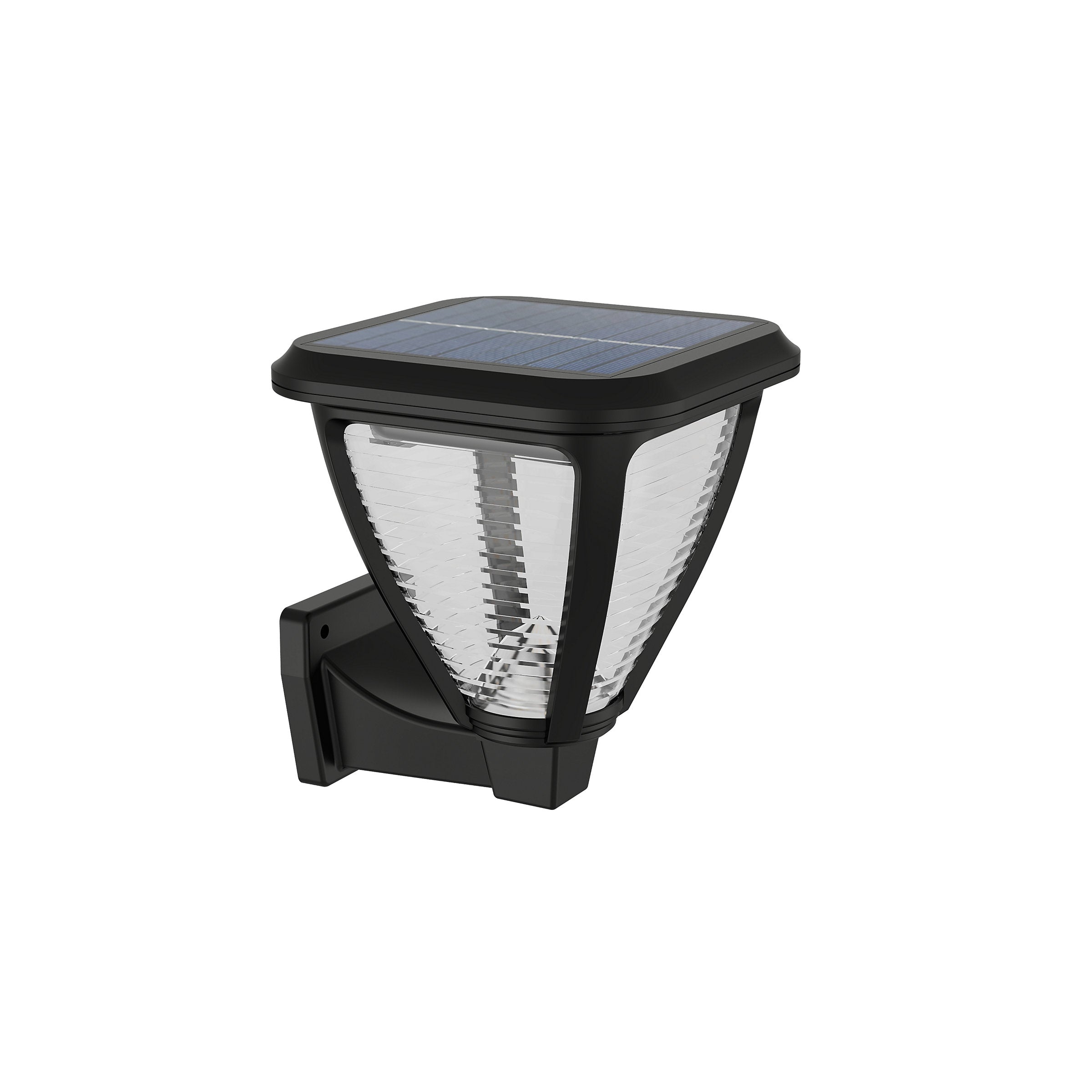 Solarvæg lampe i sort med firkantet solpanel og gennemsigtig skærm designet til udendørs belysning med lavt energiforbrug