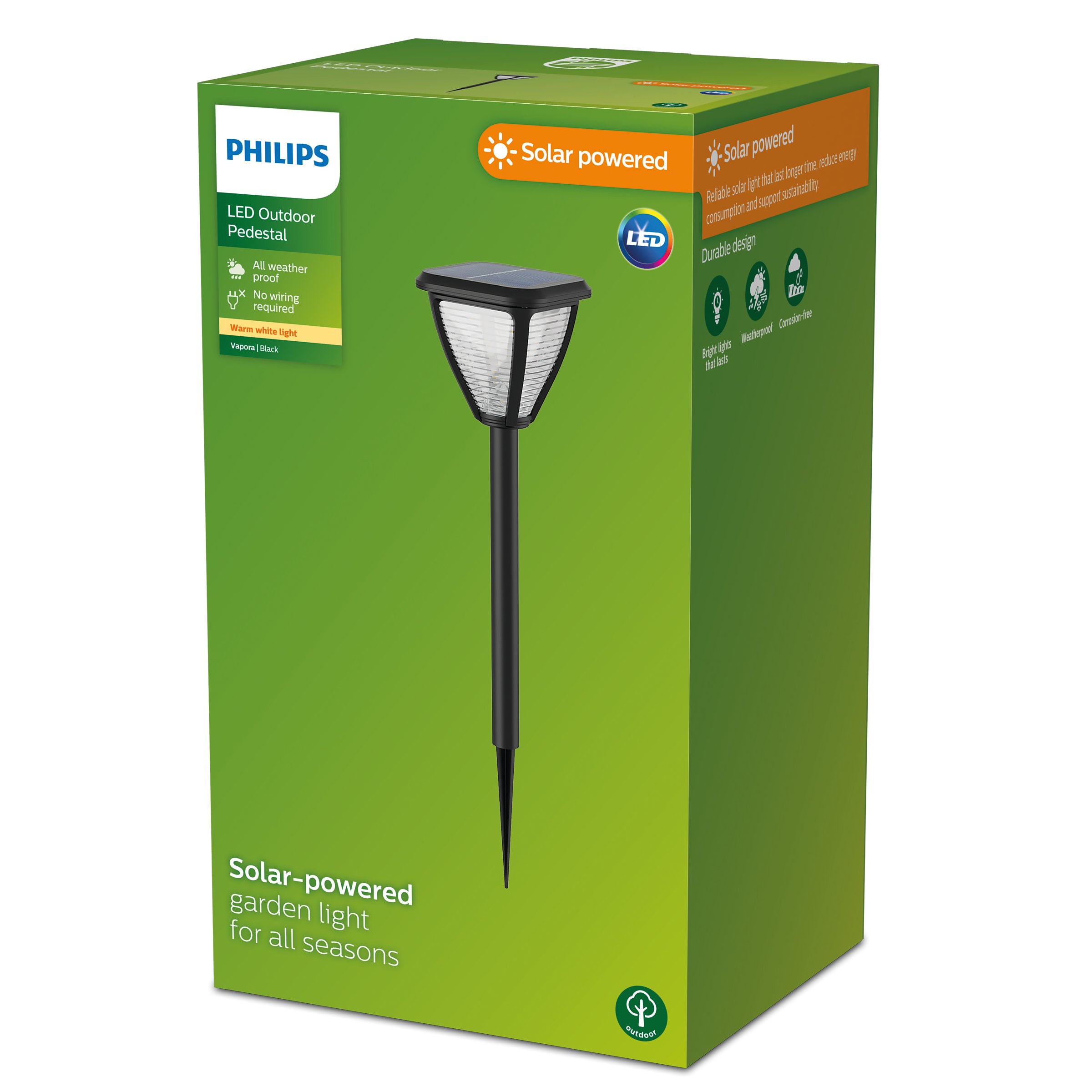 Produktpakke til Philips LED udendørs pedestallampe Vapora SR PD 1.5W 27K BL 06 med solenergi designet til haven, beskrivelse af funktioner som vejrbestandighed og energieffektivitet samt bæredygtighedsinformation.
