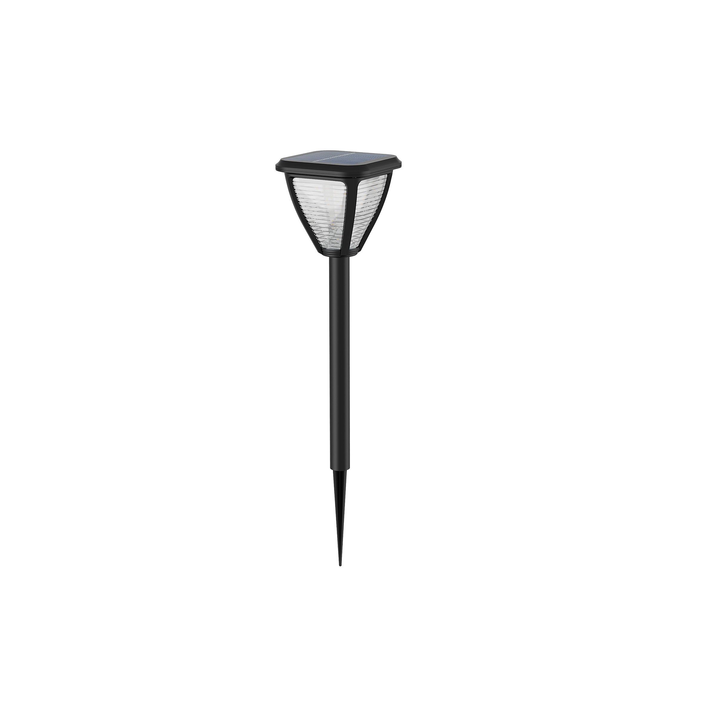 Solcellebaseret udendørs lampe med sort metalstang og gennemsigtig lampeskærm designet til havebrug og stioplysning