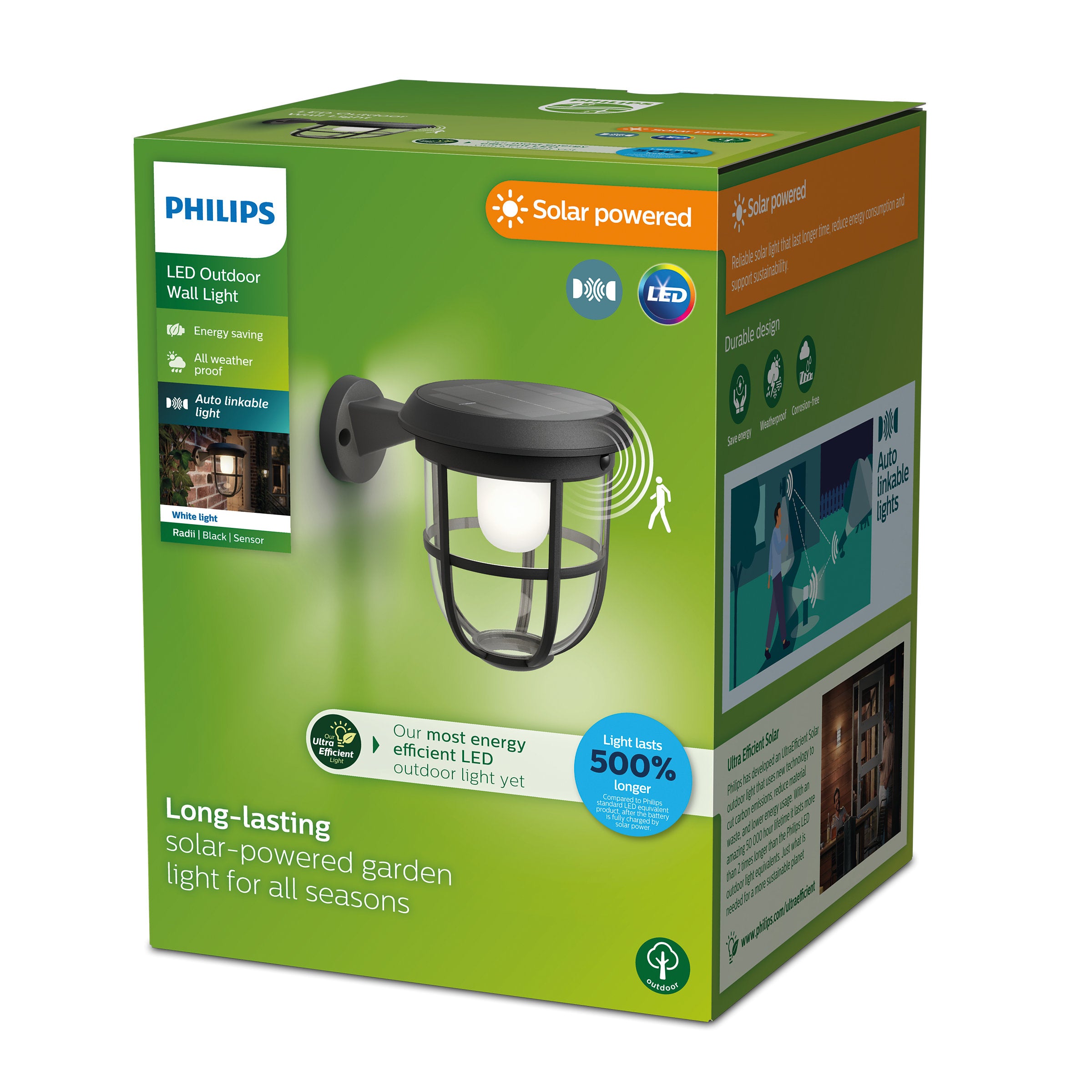 Produktæske til Philips LED udendørs væglampe med solenergi designet til havebrug med langvarig lysudsendelse energieffektivitet og automatisk tænd/sluk sensor billeder af anvendelse inkluderet