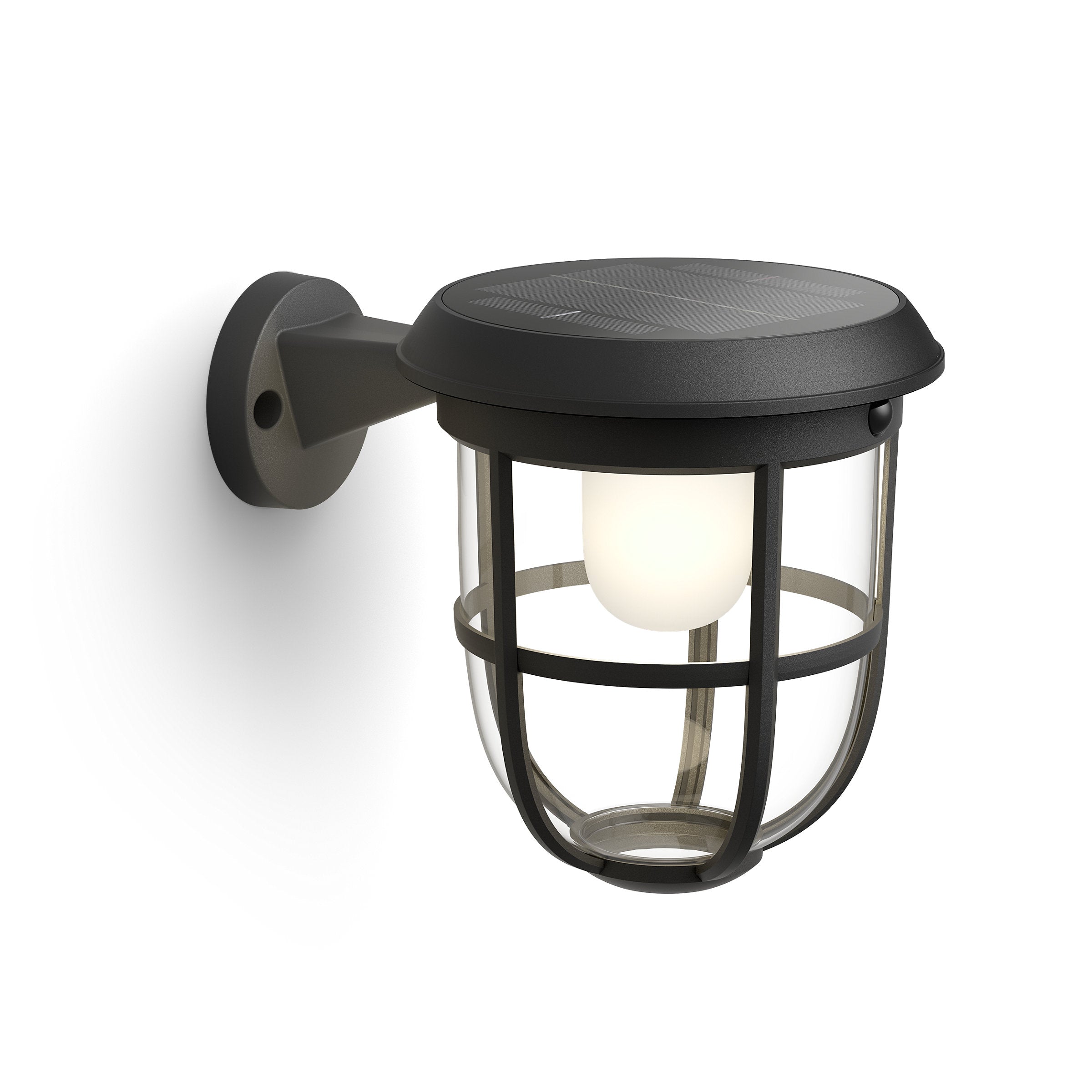 Vægmonteret solcellelampe med glas og metalgitter, rund lampe med blødt lys udstrålet fra den indvendige LED pære