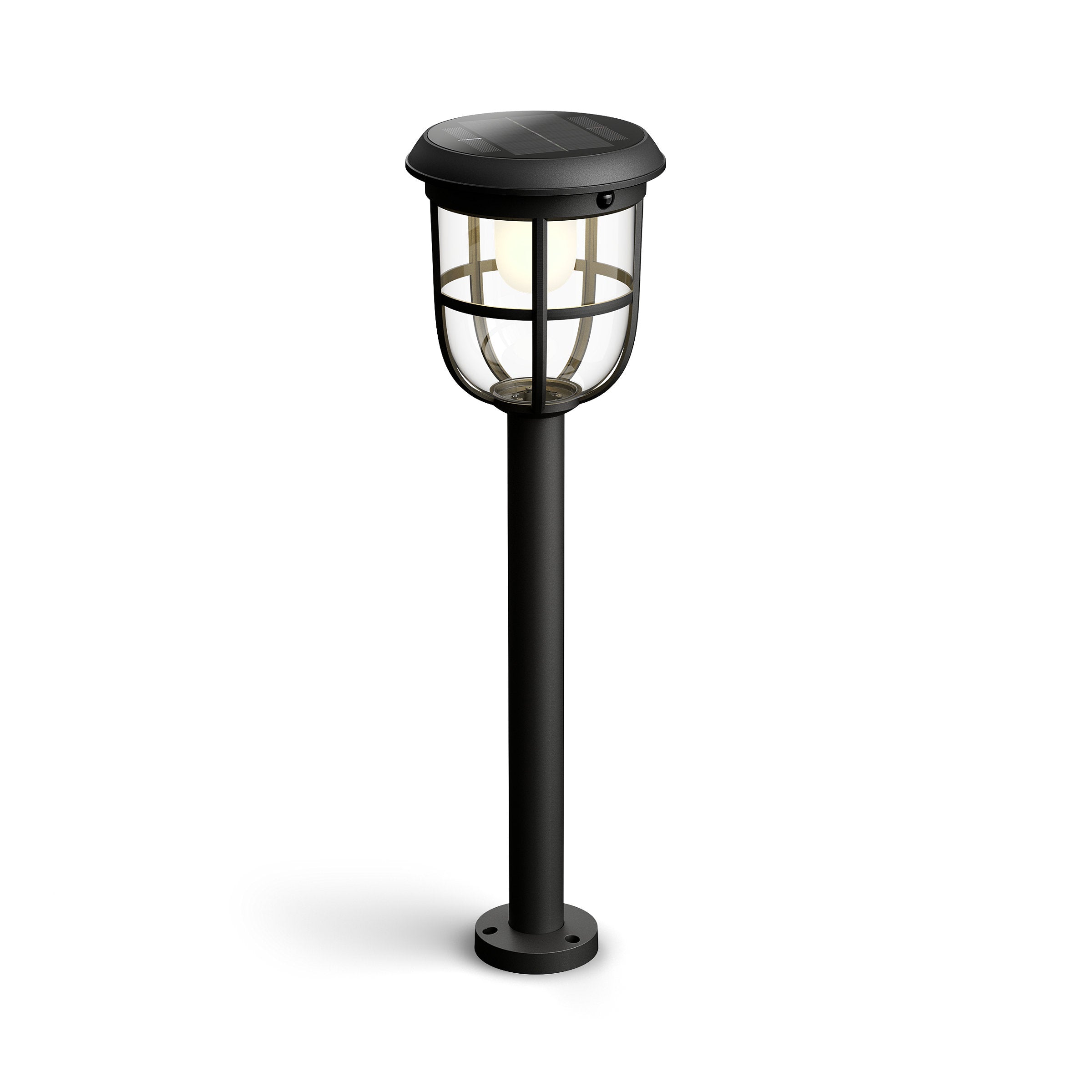 Sorte udendørs solcellelampe med klare glas og en metalstang designet til belysning af haver og stier