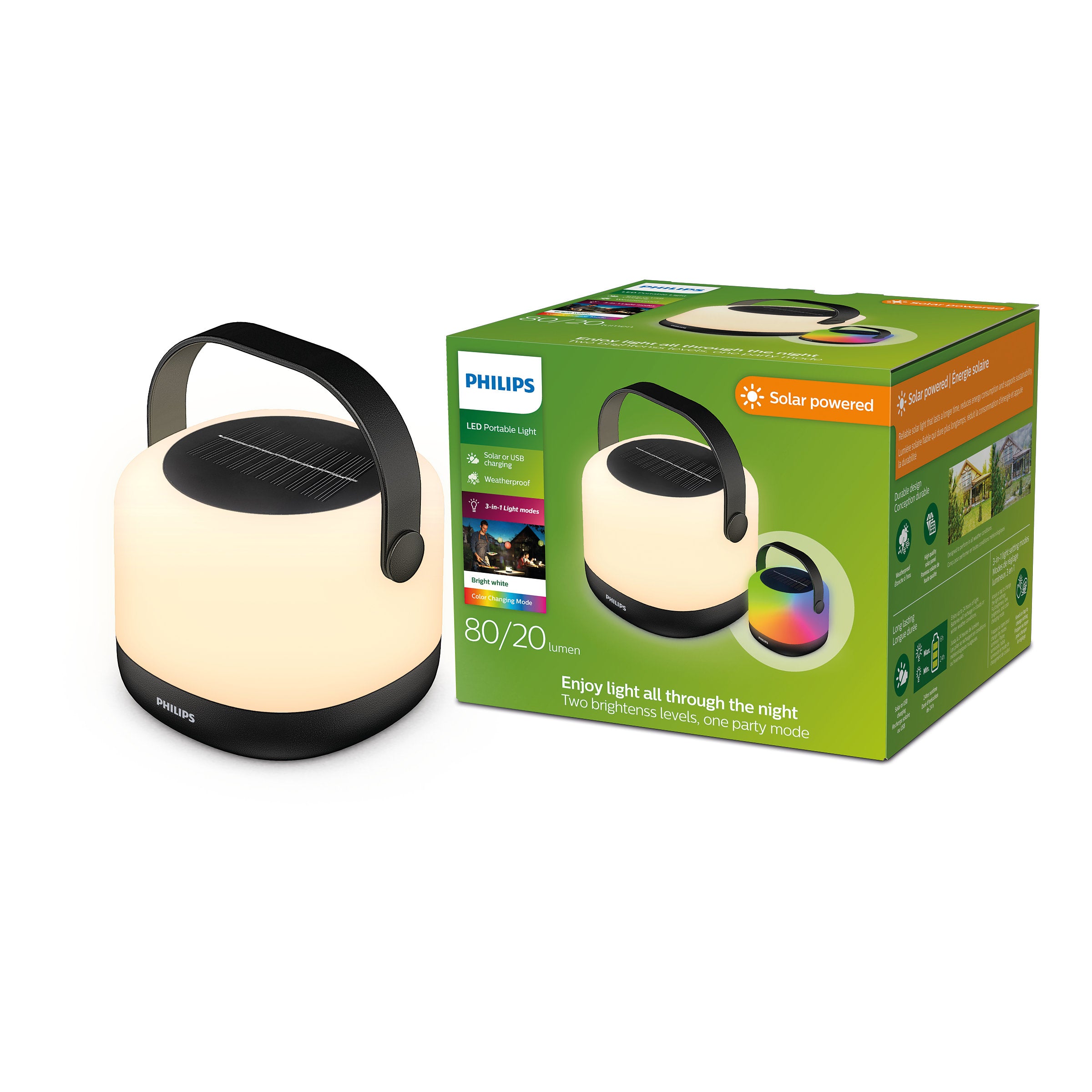LED bærbar lampe fra Philips med solenergi og USB opladning i en rund form med håndtag samt en pakke med beskrivelse af produktets funktioner og lysstyrke på 80/20 lumen