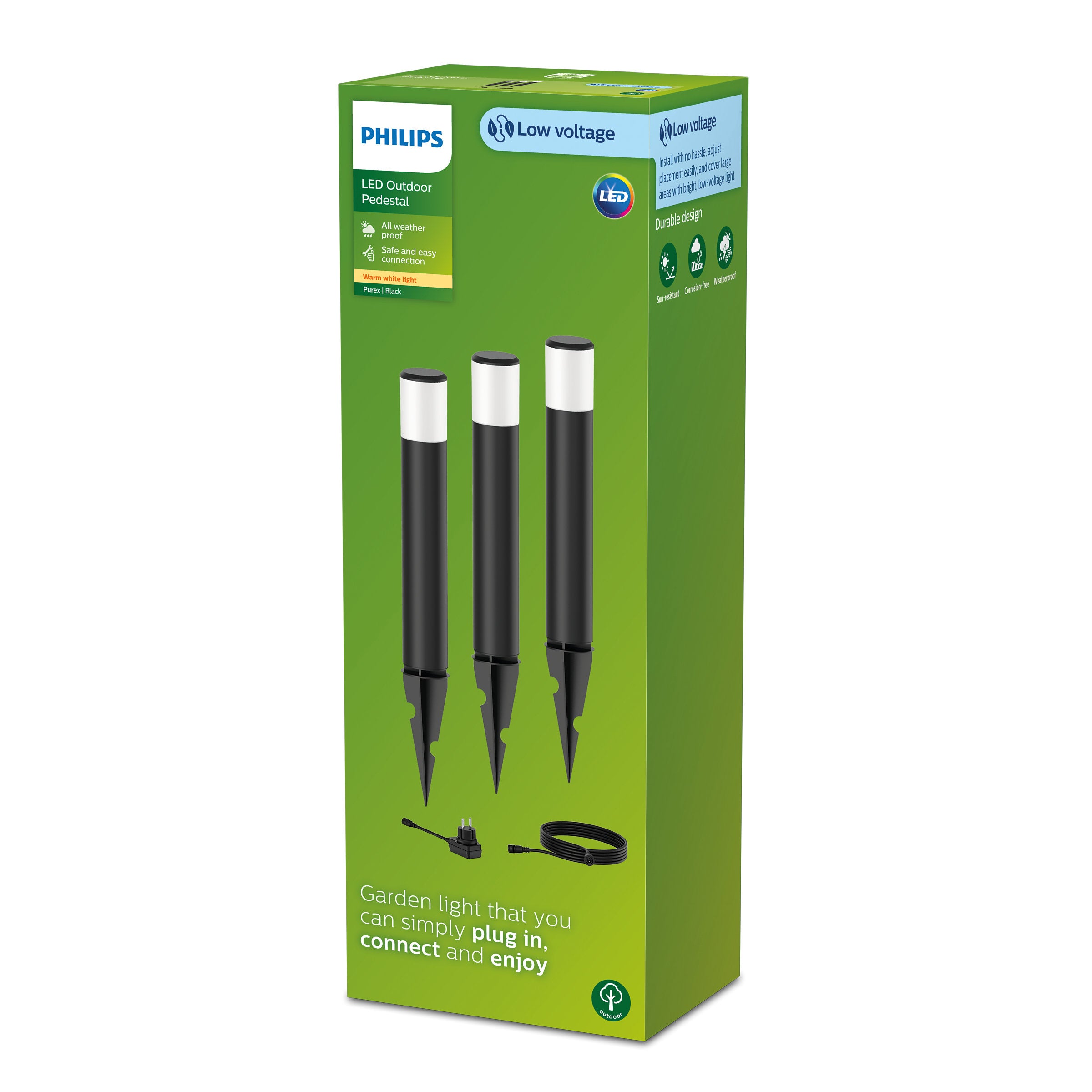 Pakke med Purex GardenLink PD KIT BL 24V 06 inkluderer tre udendørs LED-lamper med sorte stænger og hvide toppe designet til nem installation i haven samt en ledning med stik til strømtilslutning og brugervenlig betjening