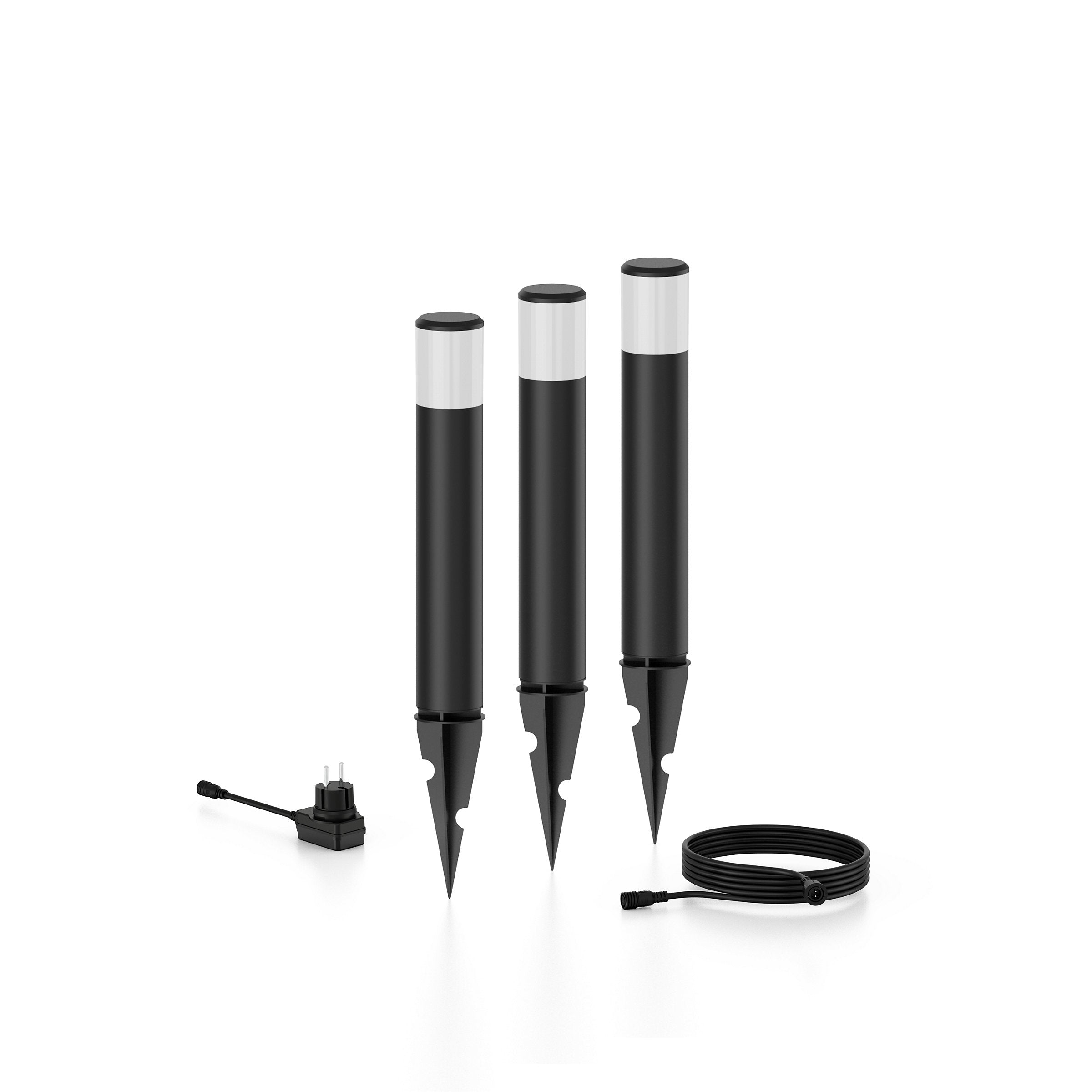 Produktbillede af Purex GardenLink PD KIT BL 24V 06 med tre sorte stænger med hvidtop og koblingsstik samt en sort ledning til tilslutning