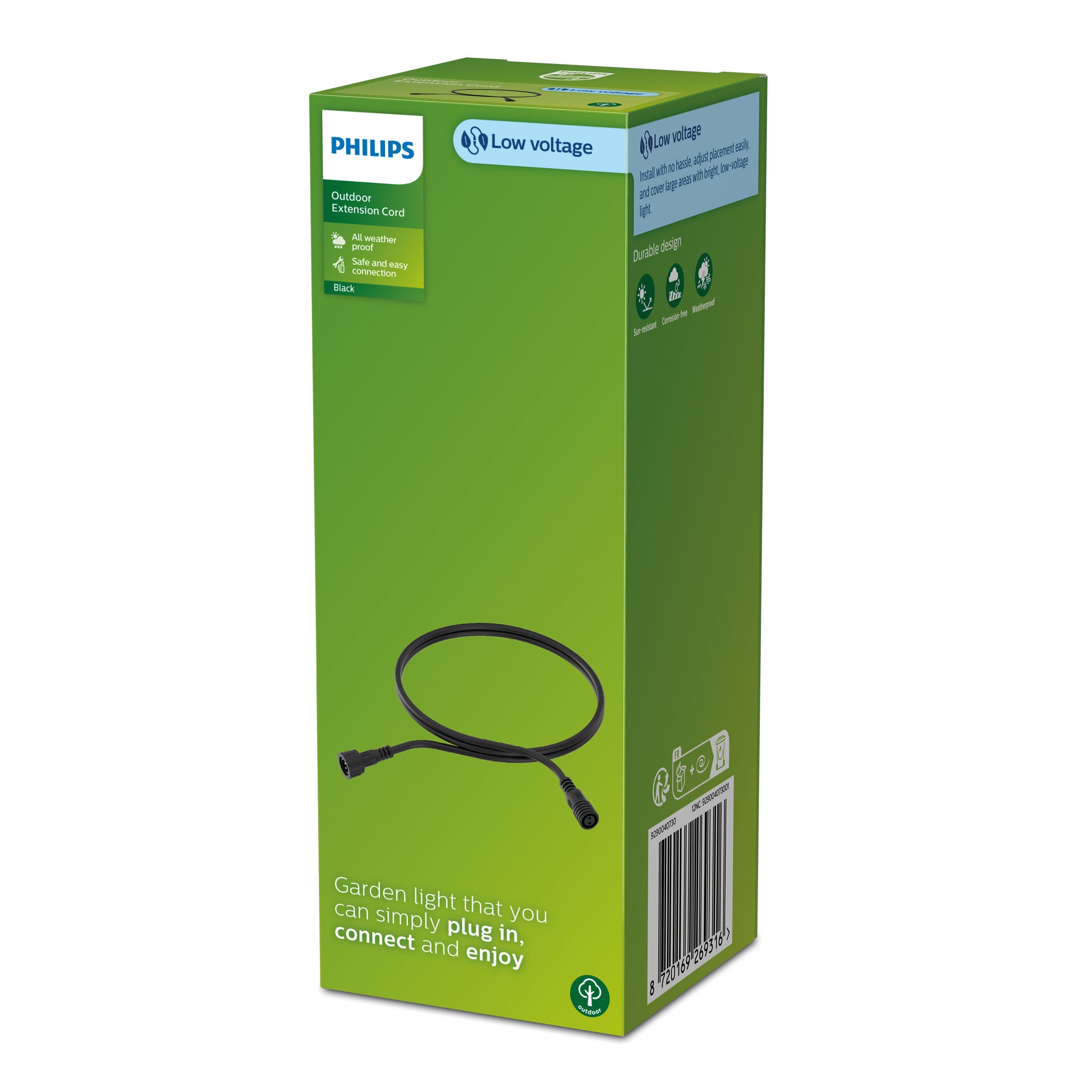 Produktbillede af GardenLink 2 meter kabel til udendørs brug med sikker og nem tilslutning samt holdbart design i sort farve pakket i en grøn kasse med oplysninger om lav spænding og vejrbestandighed