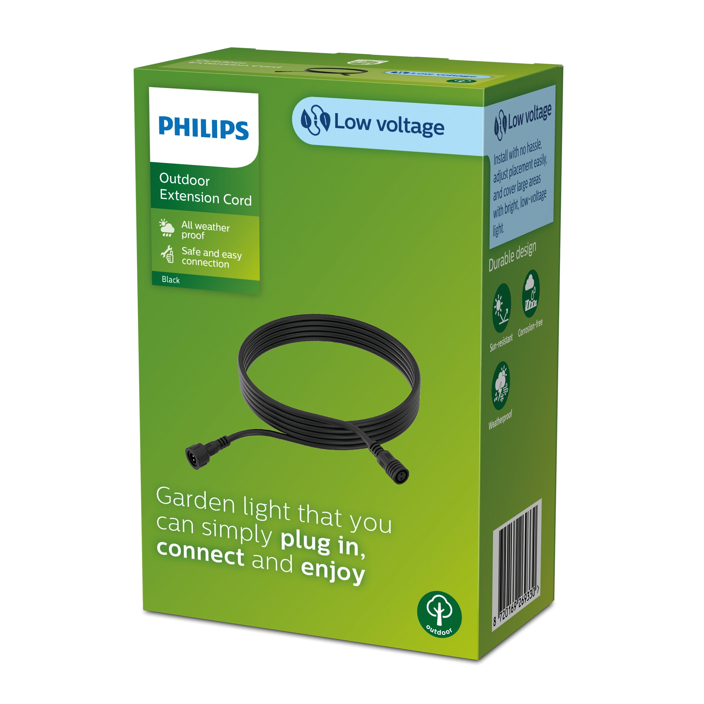 Produktbillede af GardenLink 5m kabel fra Philips med informationer om udendørs forlængerledning sikker tilslutning og vejrbestandighed på en grøn baggrund