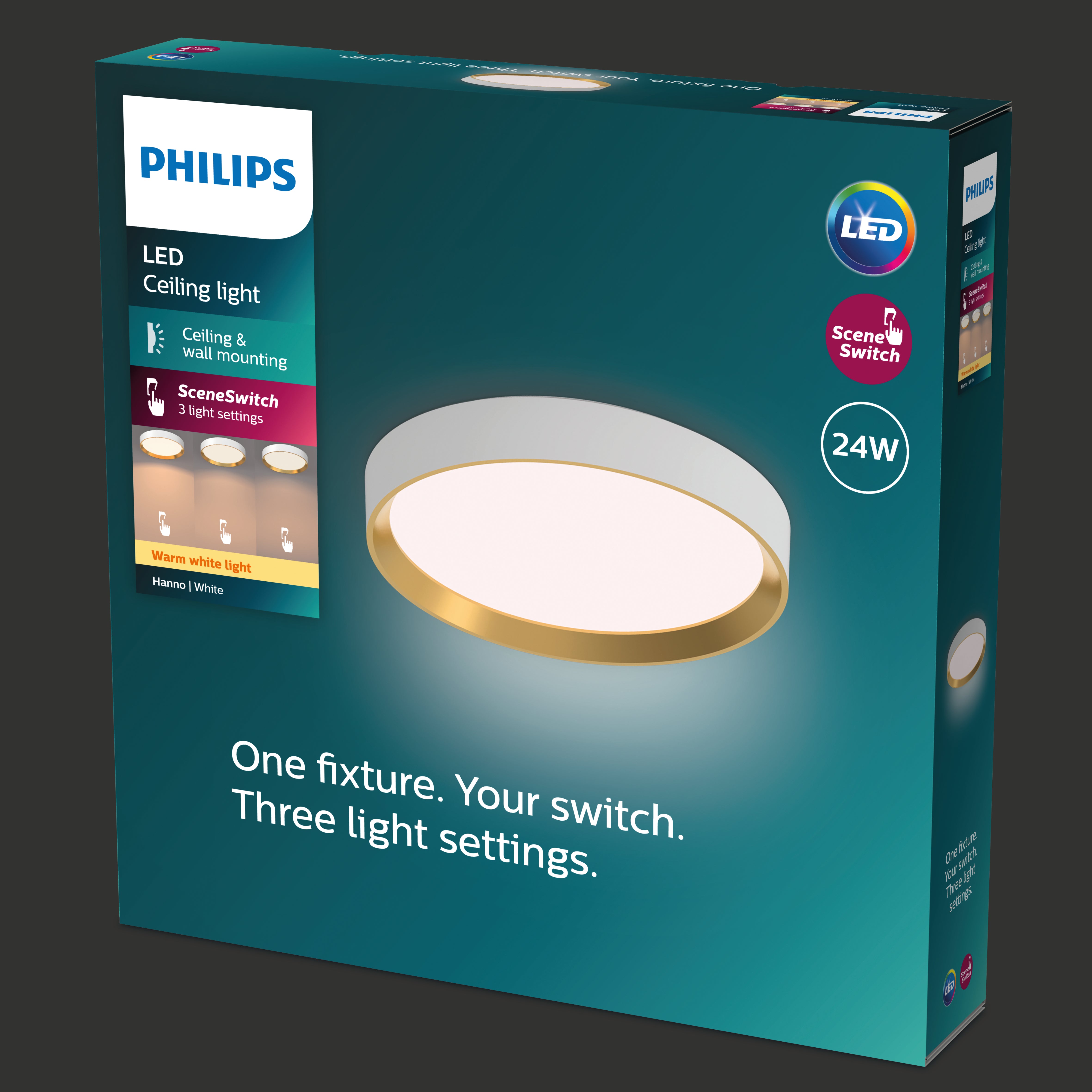 Produktpakke til Hanno loftlampe med LED lys i hvid og guld detaljer indeholder information om væg- og loftmontering samt SceneSwitch med tre lysindstillinger og 24W effekt