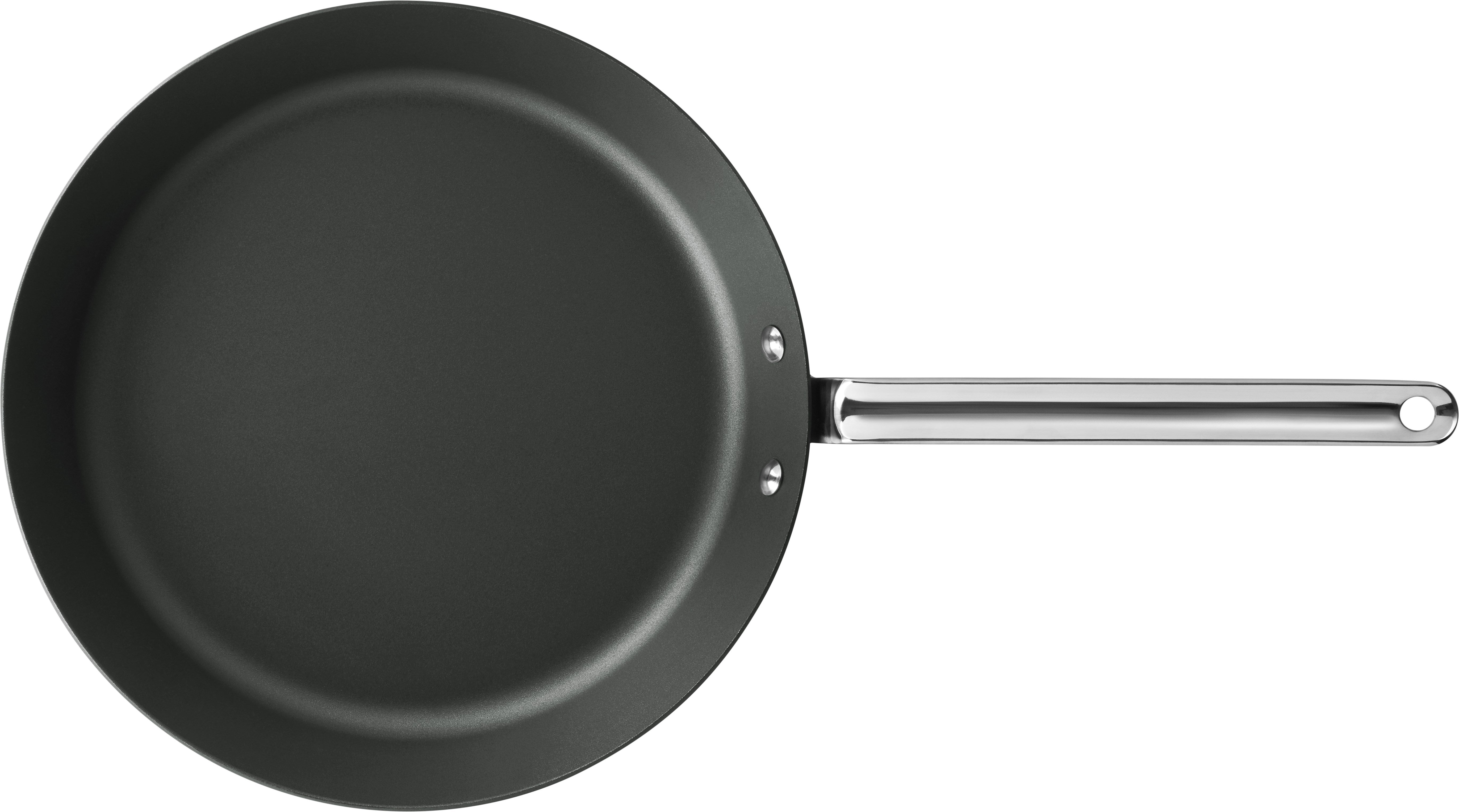 Scanpan 30 cm stegepande i sort jern set ovenfra med en blank metalkant og håndtag