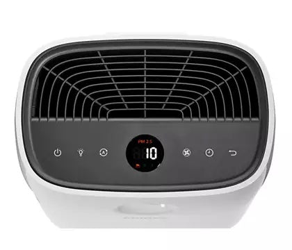 Oversigt over Philips AC2889/10 luftrenser i hvid med digital viser der viser PM niveau, knapper til betjening og luftindtag øverst.