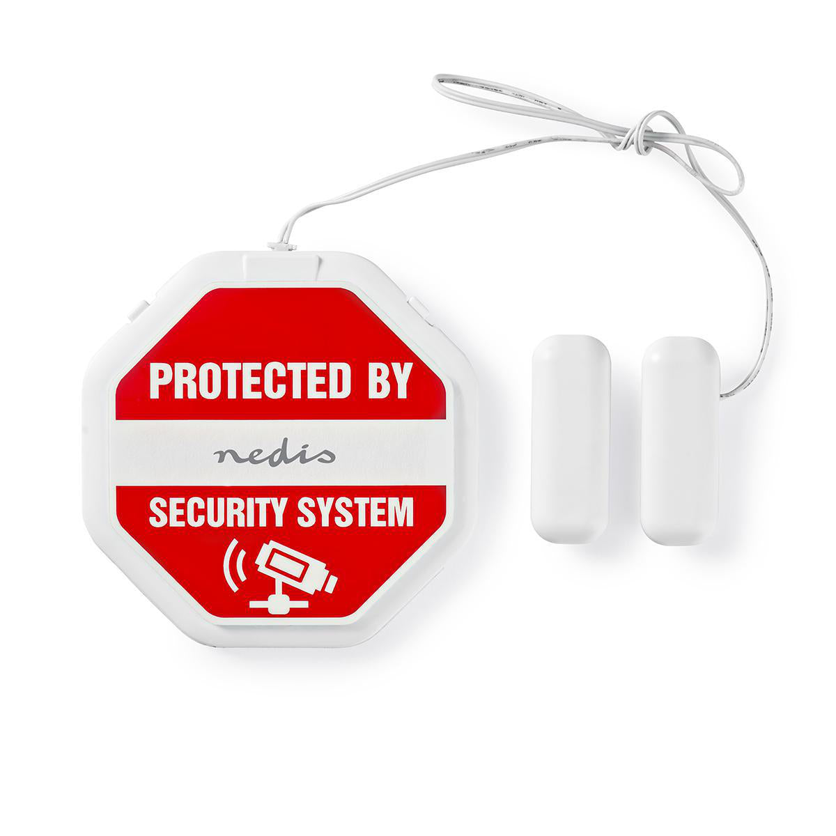 Nedis dør vindue alarm i hvid med batteri og 85 dB lydniveau samt to sensordele til montering som sikkerhedssystem