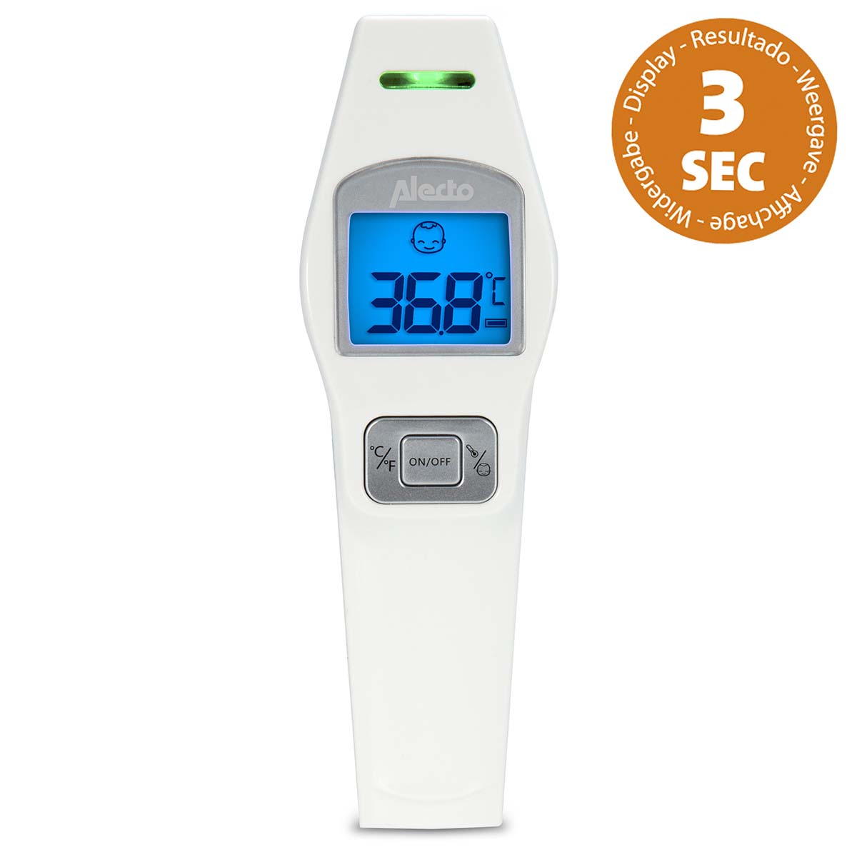 Alecto BC-37 pandetermometer i hvid farve med digitalt display der viser en temperatur på 36,8 grader Celsius og med en lysindikator øverst. Termometeret har knapper til at skifte mellem Celsius og Fahrenheit samt en tænd/sluk knap. Det er designet til hurtig temperaturmåling på tre sekunder.