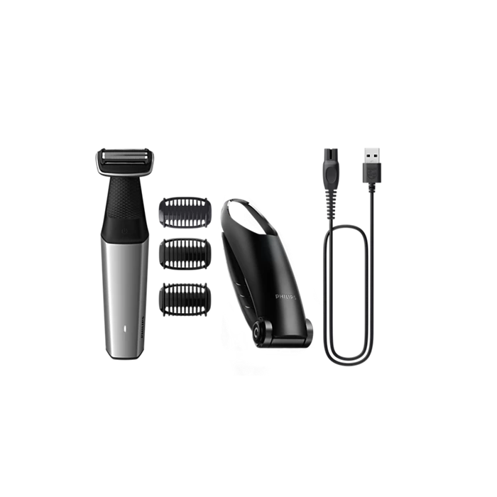 Philips BG5021/15 Bodygroom Series 5000 med barberhoved, tre udskiftelige kamme, en trimmer og USB-opladerkabel i sort og sølv design