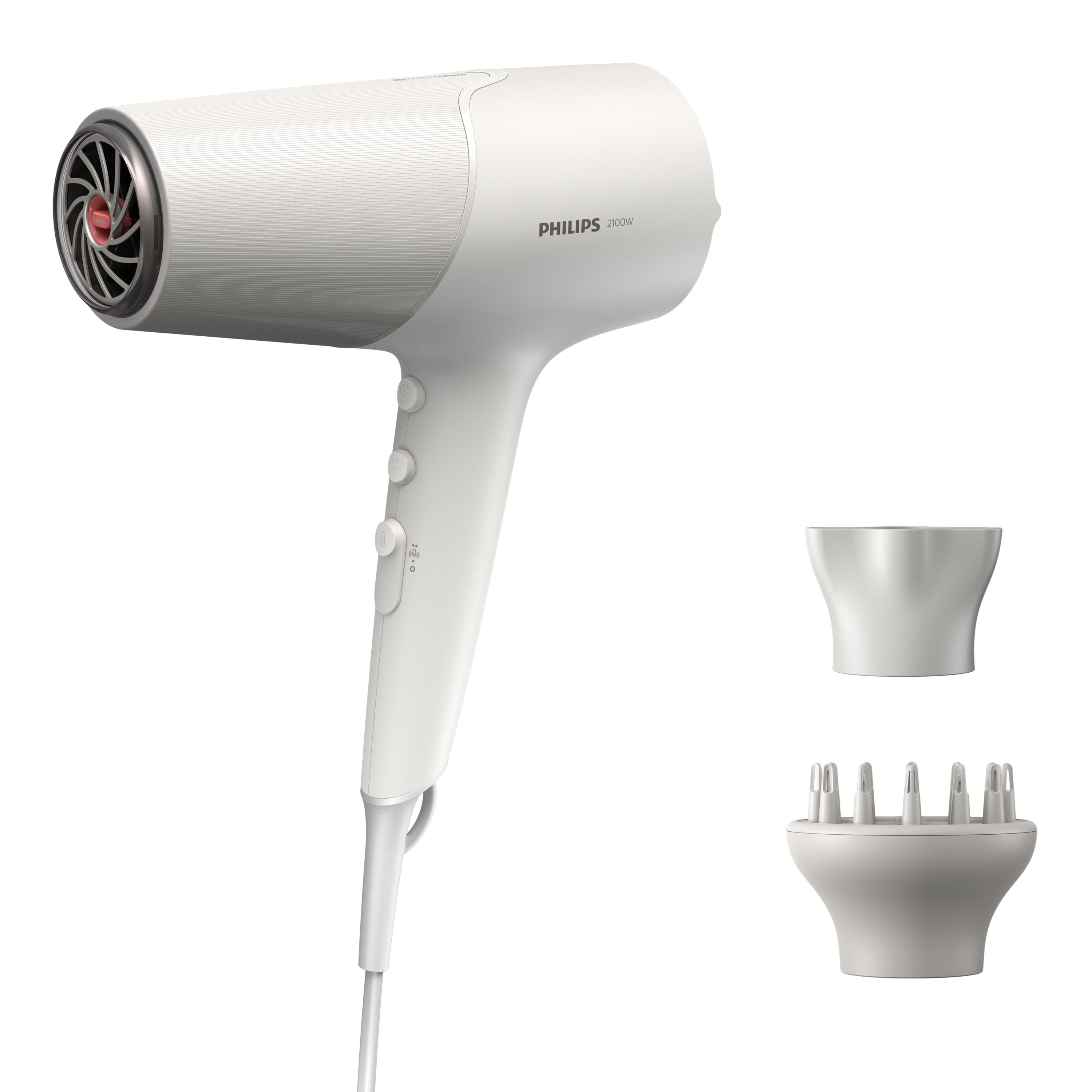 Philips Hårtørrer 2100W 5000 series BHD501/20 i hvid farve med bølgede designelementer på hovedet og knapper til temperaturindstilling og blæseindstilling samt to medfølgende diffuserhoveder til styling og tørring