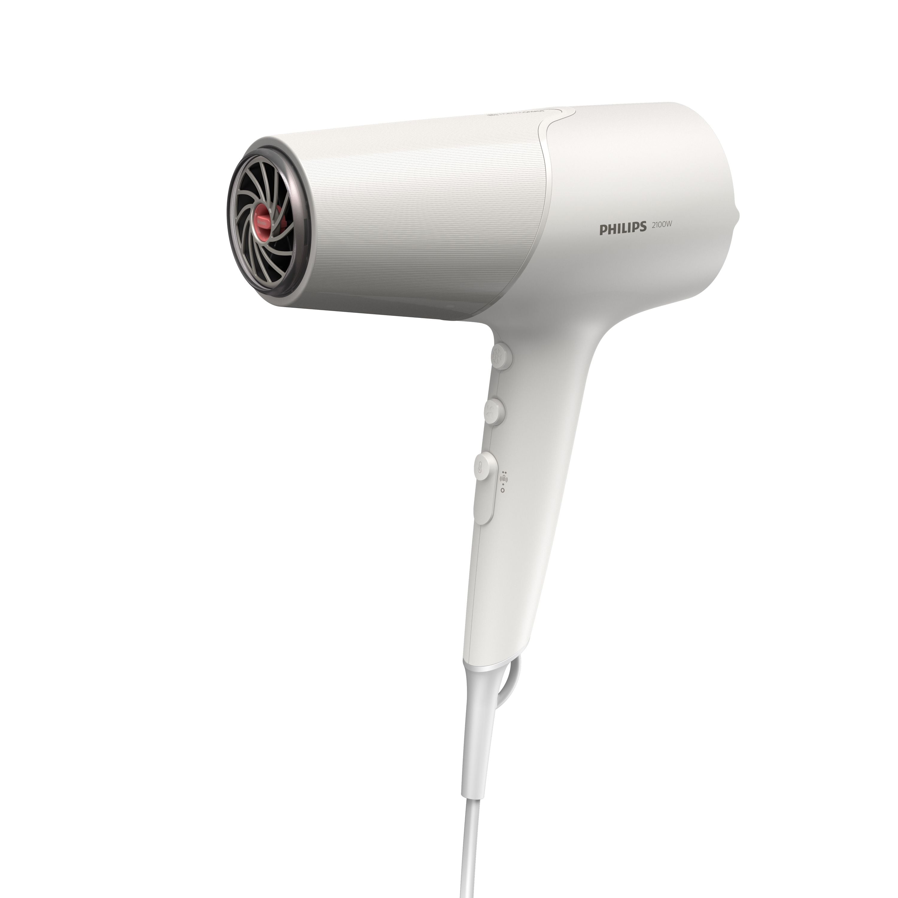 Philips hårtørrer 2100W 5000 series BHD501/20 i hvid farve med en rund blæseråbning og betjeningsknapper på håndtaget