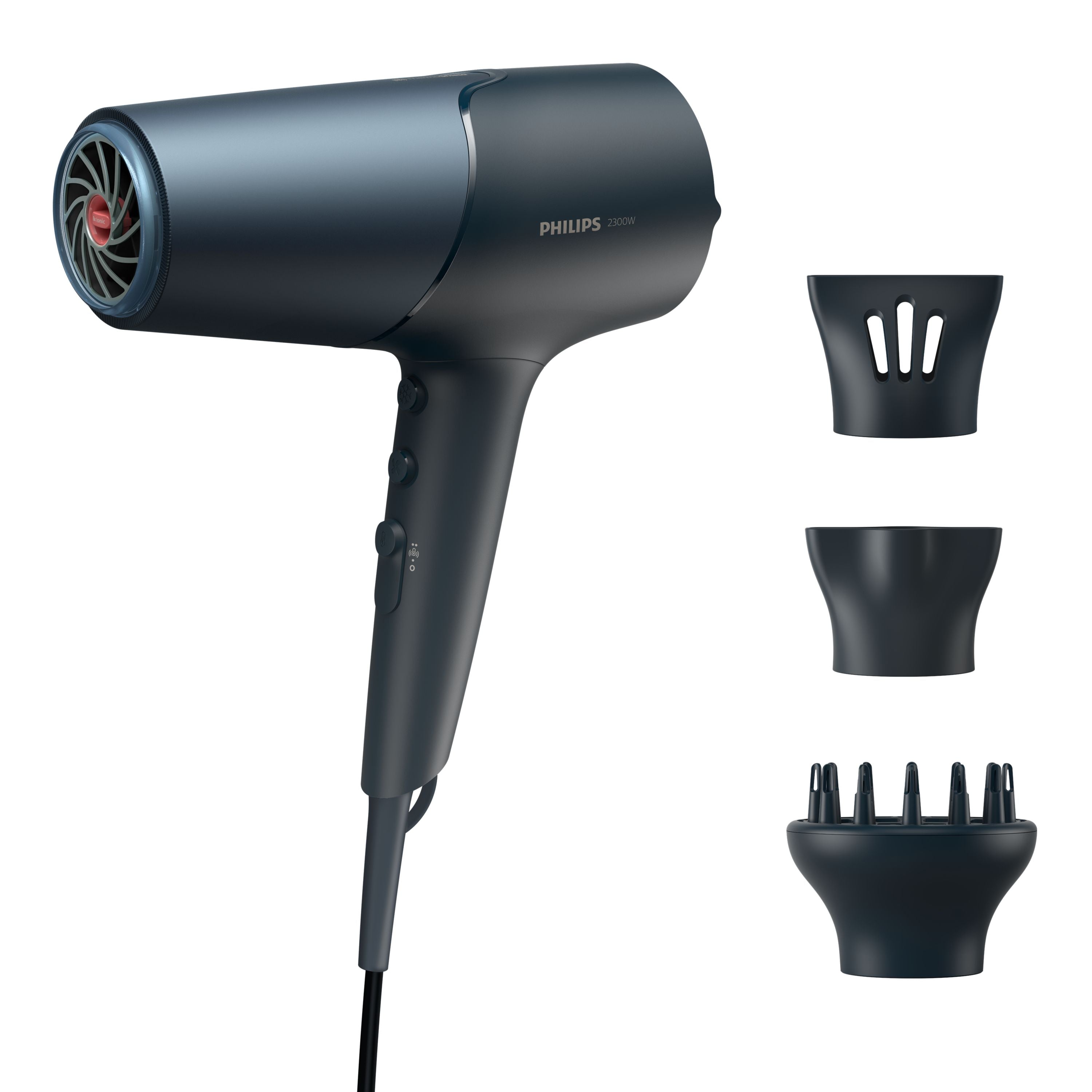 Philips hårtørrer 2300W 5000 series model BHD512/20 med tre vedhæftede mundstykker i forskellige former samt knapper til indstilling på håndtaget