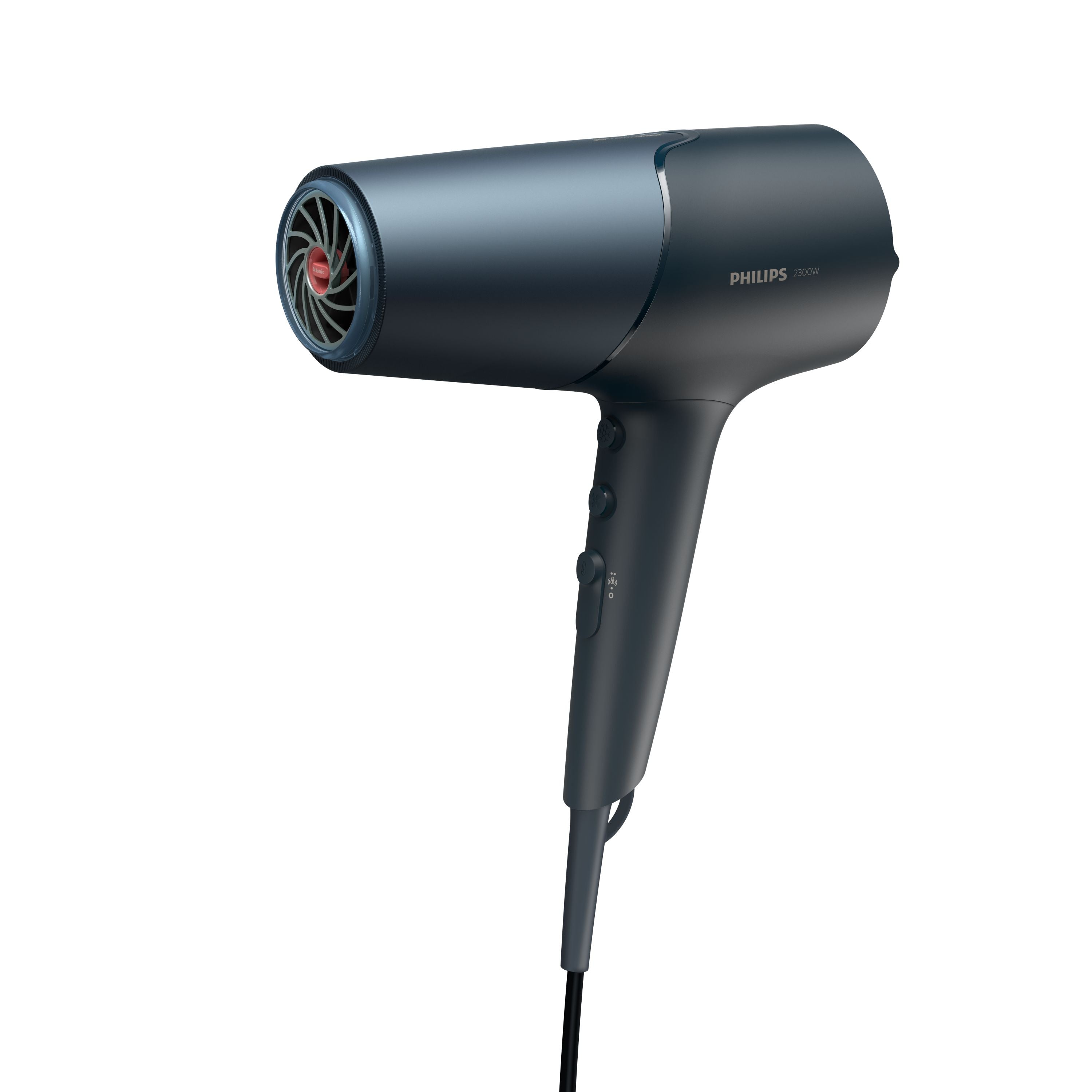 Philips hårtørrer 2300W 5000 serien BHD512/20 i en moderne og elegant mørk farve med en ergonomisk form og knapper til justering af varme og hastighed på håndtaget.