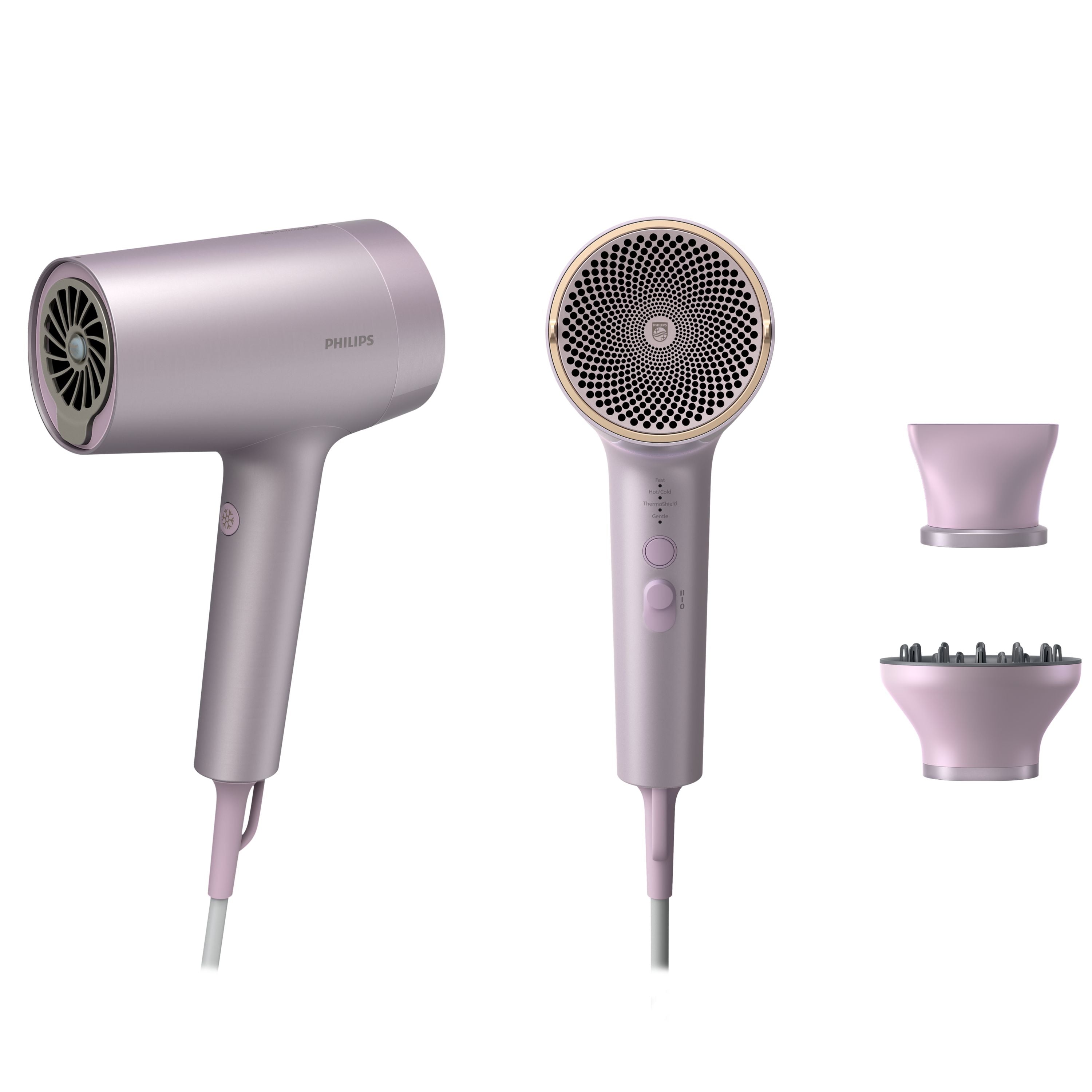 Billede af Philips Hårtørrer ThermoShield Advanced BHD723/10 i en elegant design med en kombination af sølv og lyserøde farver samt medfølgende stylingdysser og børste til styling