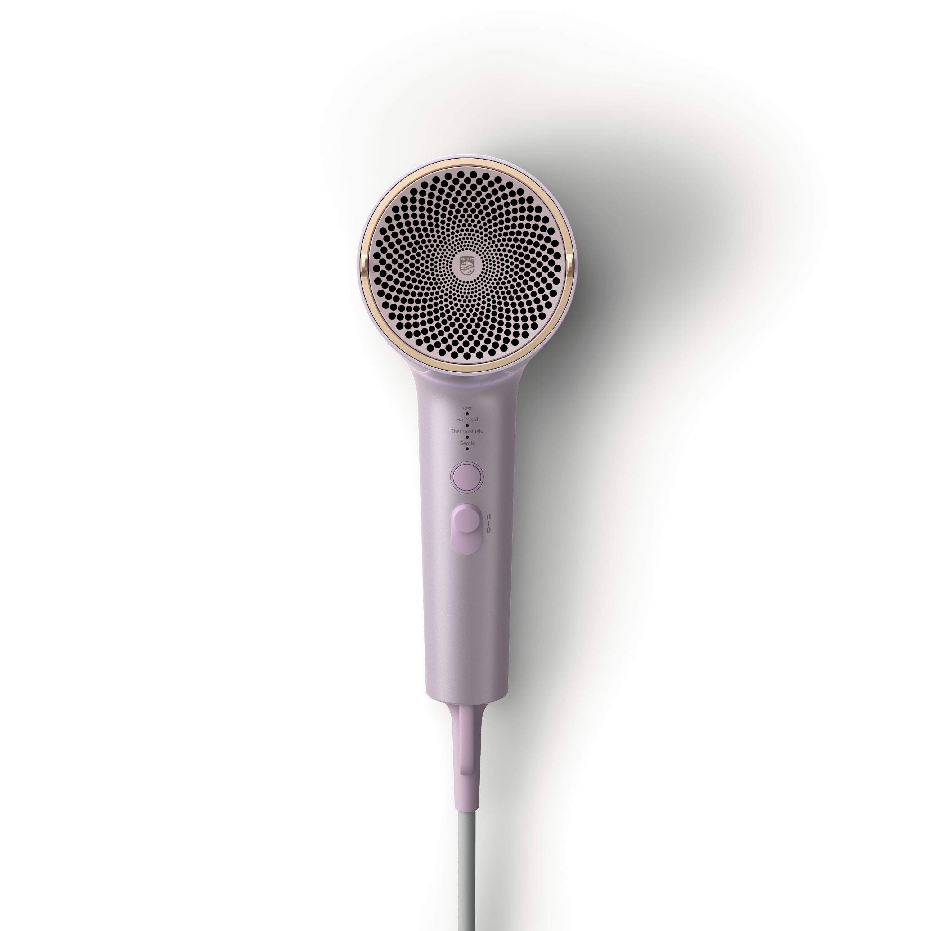 Philips Hårtørrer ThermoShield Advanced BHD723/10 med en elegant og moderne design i lilla og guld farver, detalje af blæsergitteret og kontrolelementer på håndtaget.