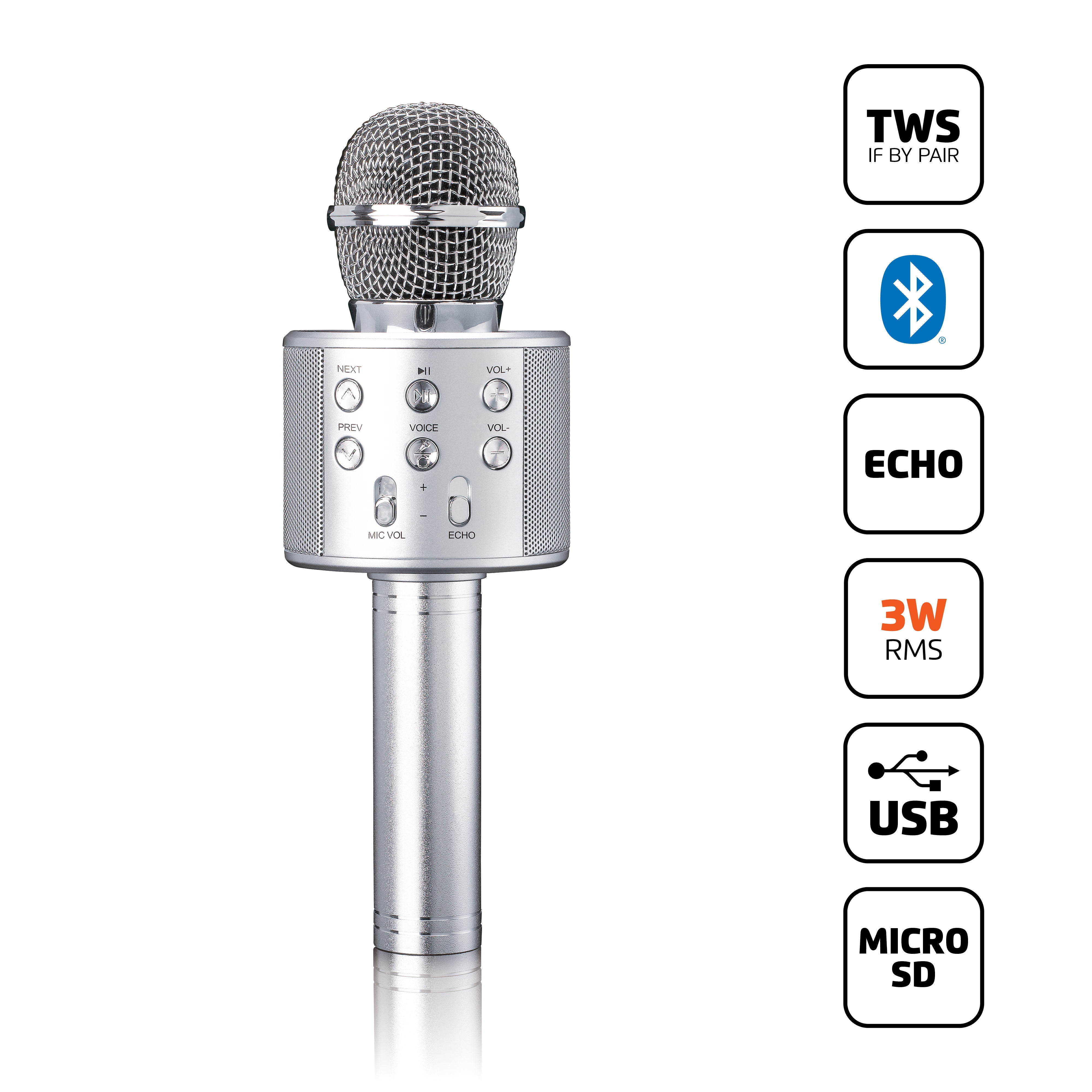 Lenco - Karaokemikrofon med Bluetooth-højttaler, USB- og Micro SD-afspiller - BMC-040SI - Butik24