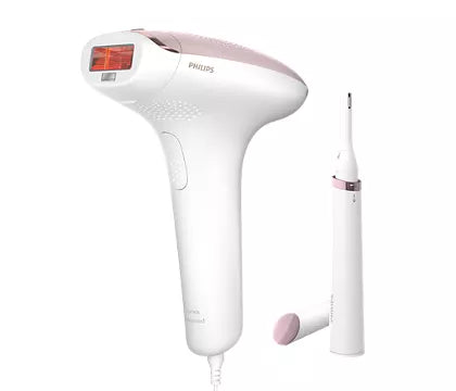 Philips BRI920/00 IPL hårfjerningsenhed Lumea IPL 7000 Series i hvid og lyserød farve med to separate enheder, den større hovedenhed til hårfjerning og en mindre enhed til følsomme områder.
