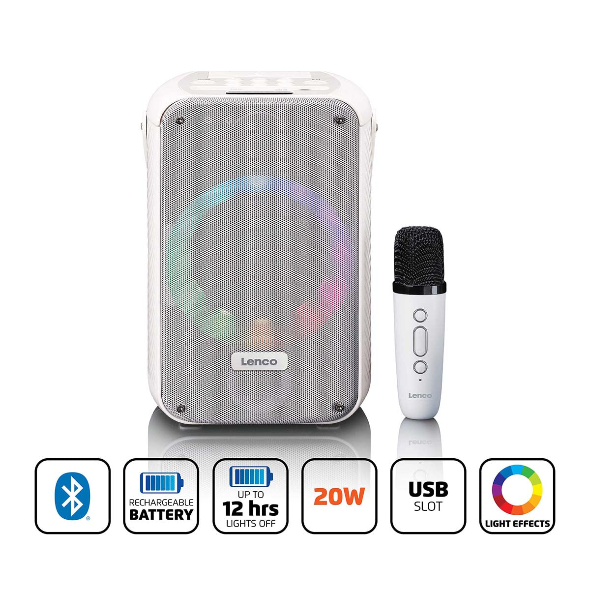 Lenco - Karaokeanlæg med Bluetooth®, genopladeligt batteri, trådløs karaokemikrofon og disco-LED-belysning Hvid - BTC-060WH