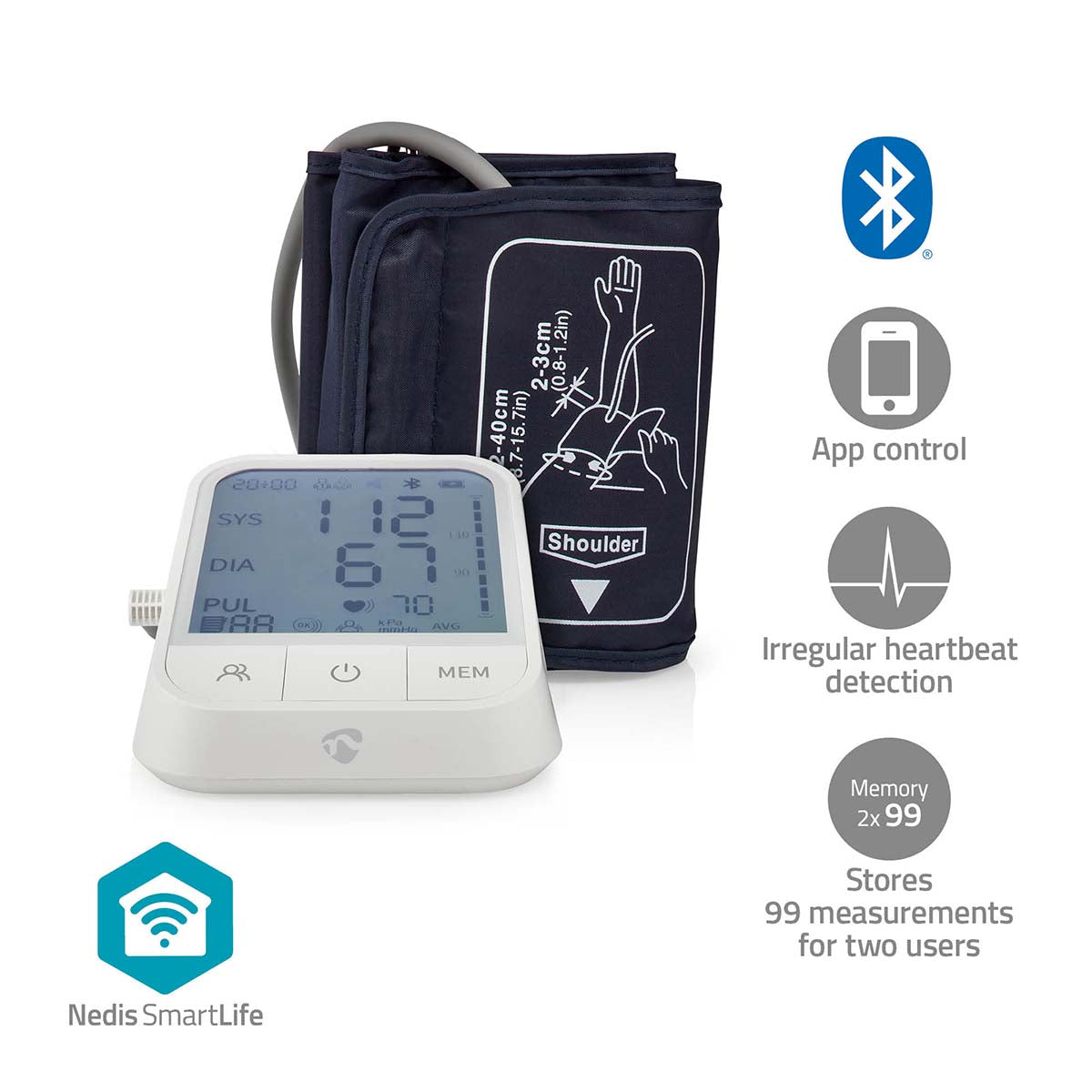 NEDIS SmartLife blodtryksmåler til arm med Bluetooth og LCD-display til stropmål fra 22 til 42 cm inkluderer funktioner som stilstandsangivelse, detektion af uregelmæssig hjerterytme og manchet registrering, designet i hvid med en indikator for brugervenlighed.