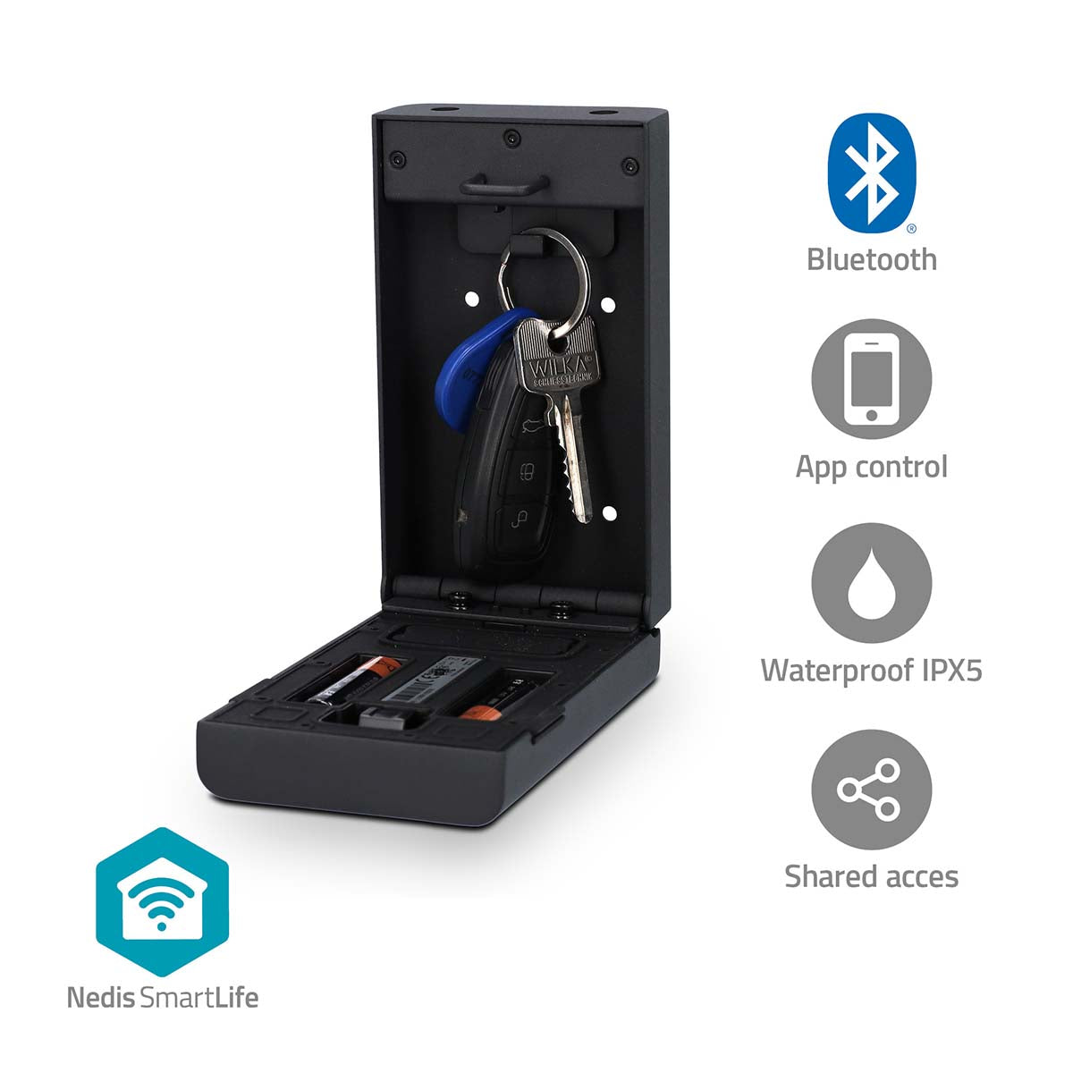 NEDIS SmartLife nøgleboks i sort med Bluetooth forbindelse åbent og synlige nøgler inde i skabet samt batterioplader placeret nederst ved lågen