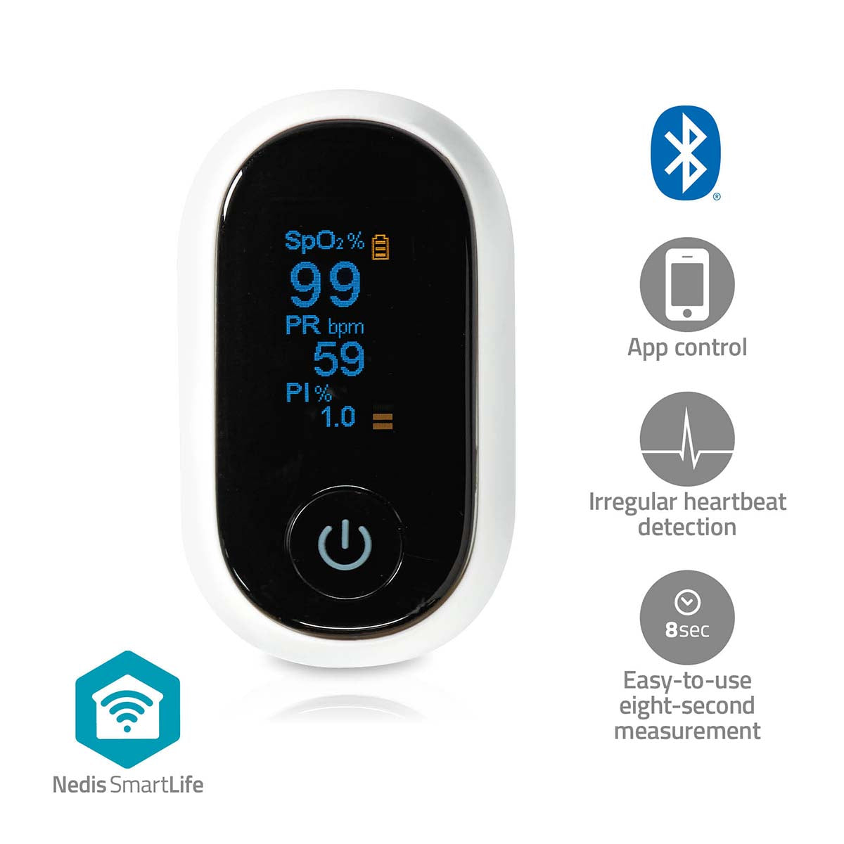 NEDIS SmartLife Puls Oximeter med Bluetooth teknologi og OLED display viser SpO2, puls og perfusionsindeks data med høj præcision enhed i hvid farve har en auditiv alarm og interferens mod bevægelser funktion der muliggør nem måling på otte sekunder