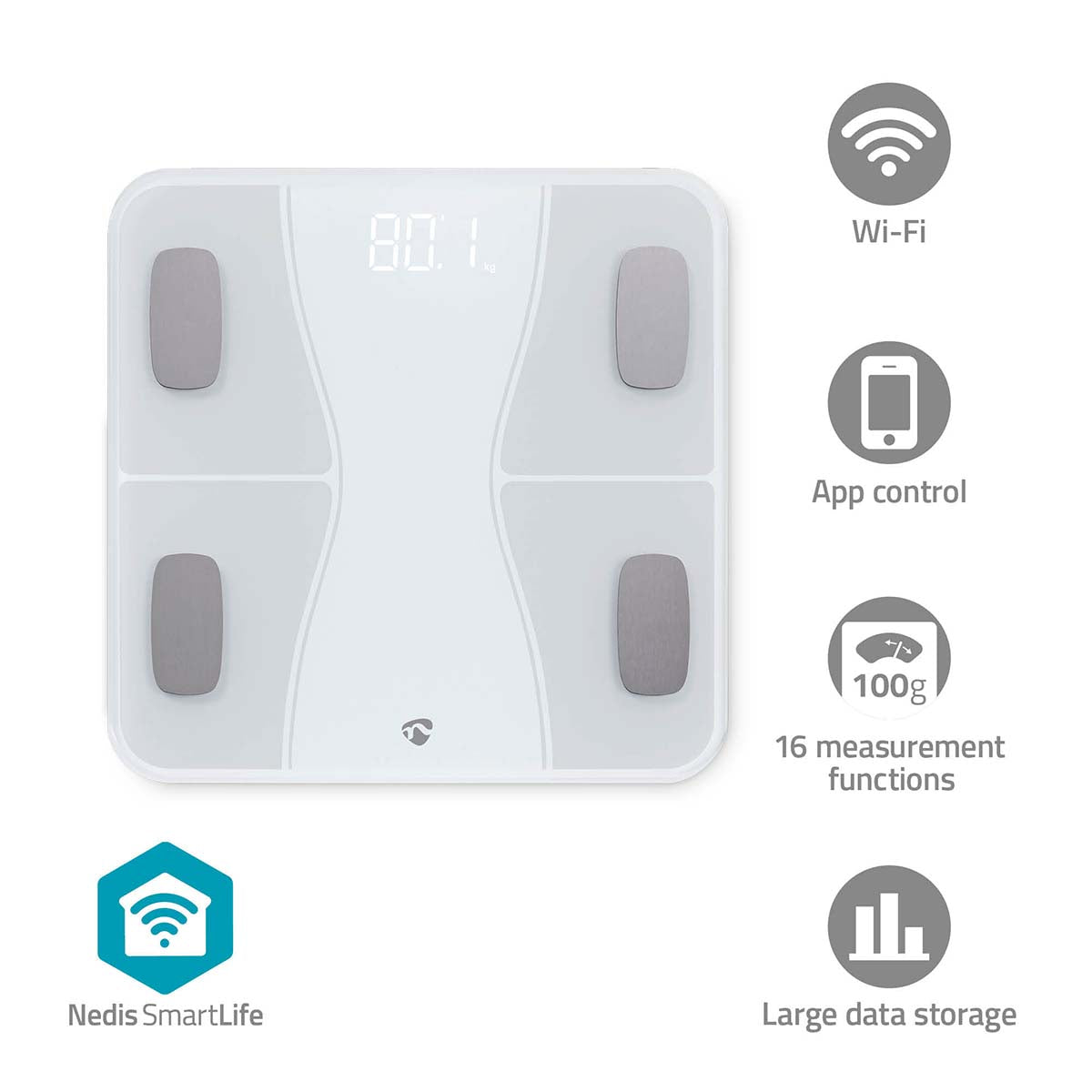 NEDIS SmartLife personvægt i hvid med Bluetooth funktioner der måler vægt, BMI, BMR, fedt, muskler og vand med en maksimal belastning på 180 kg og app kontrol til Android og IOS