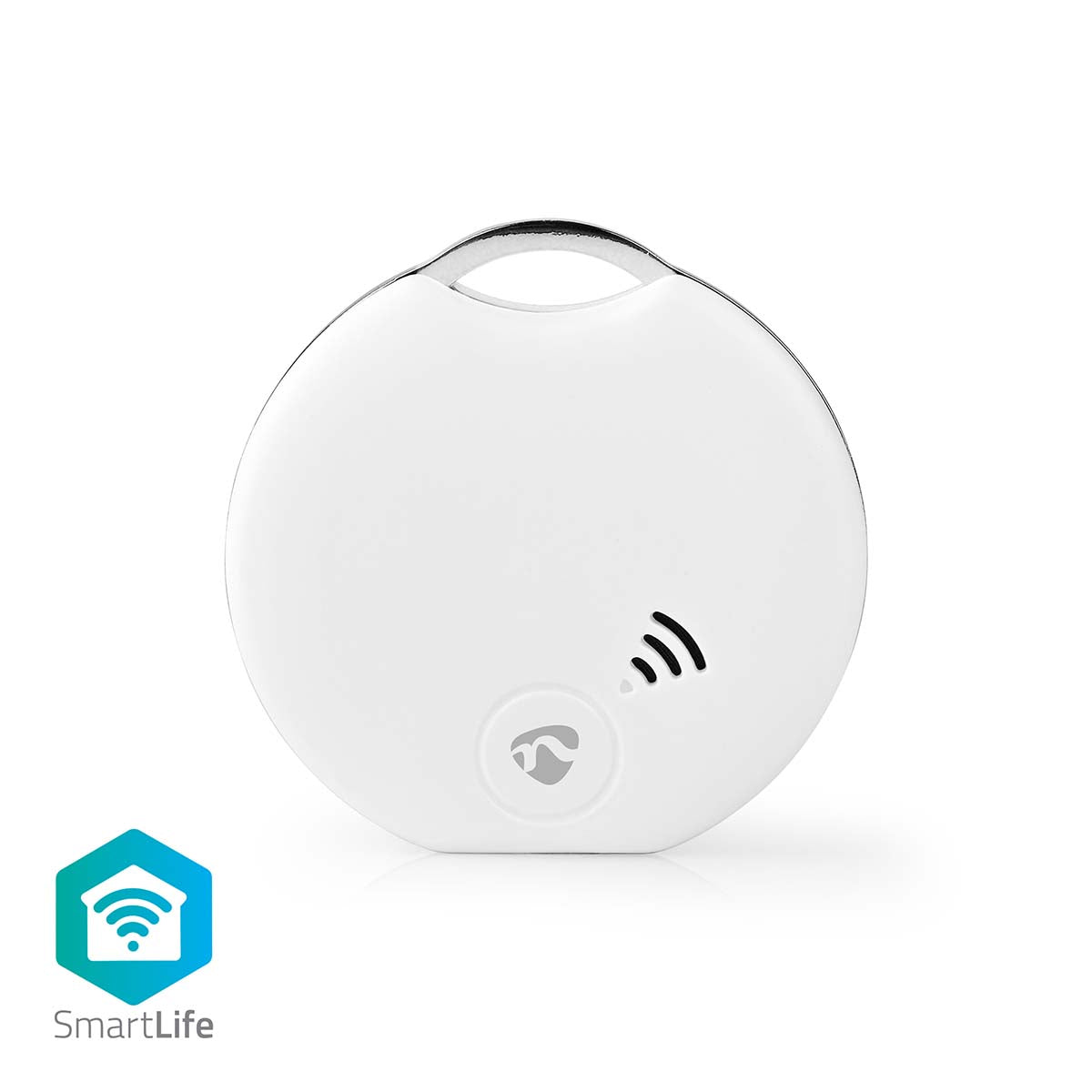 Nedis SmartLife nøglefinder i hvid farve med en rund form og en hul åbning til fastgørelse batteri CR2032 inkluderet Bluetooth version 4.0 batterilevetid op til 1 år SmartLife logo i bunden af billedet