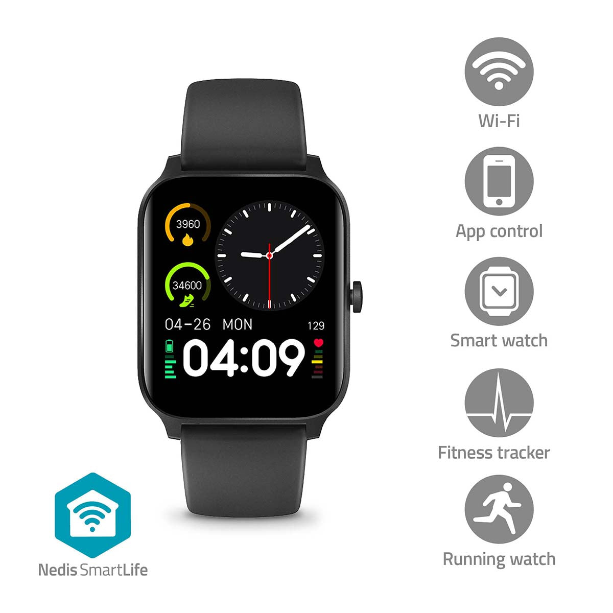 Nedis SmartLife ur med LCD-skærm og IP68 vandtæthed i sort farve viser tid, dato og aktivitetsdata som skridt og forbrændte kalorier med app-kontrol til Android og iOS samt funktioner til fitness og løb