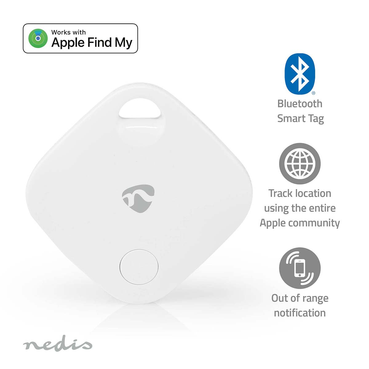 Nedis nøglefinder kompatibel med Apple Find My app i hvid farve med Bluetooth 5.1 teknologi har et CR2032 batteri som medfølger og en batterilevetid på op til et år designet til at hjælpe med at finde nøgler og andre genstande ved brug af Apples fællesskab til sporingsfunktioner