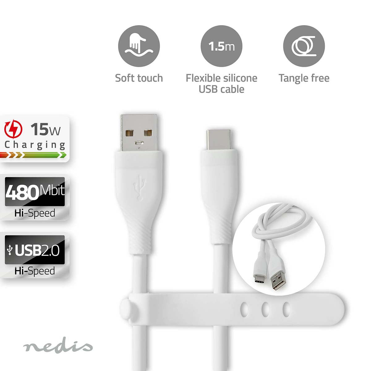 Nedis - USB-kabel | USB 2.0 | USB-A Han | USB-C™ Han | 15 W | 480 Mbps | Nikkelplateret | 1.50 m | Runde | Silikone | Hvid | Box - CCGB60800WT15