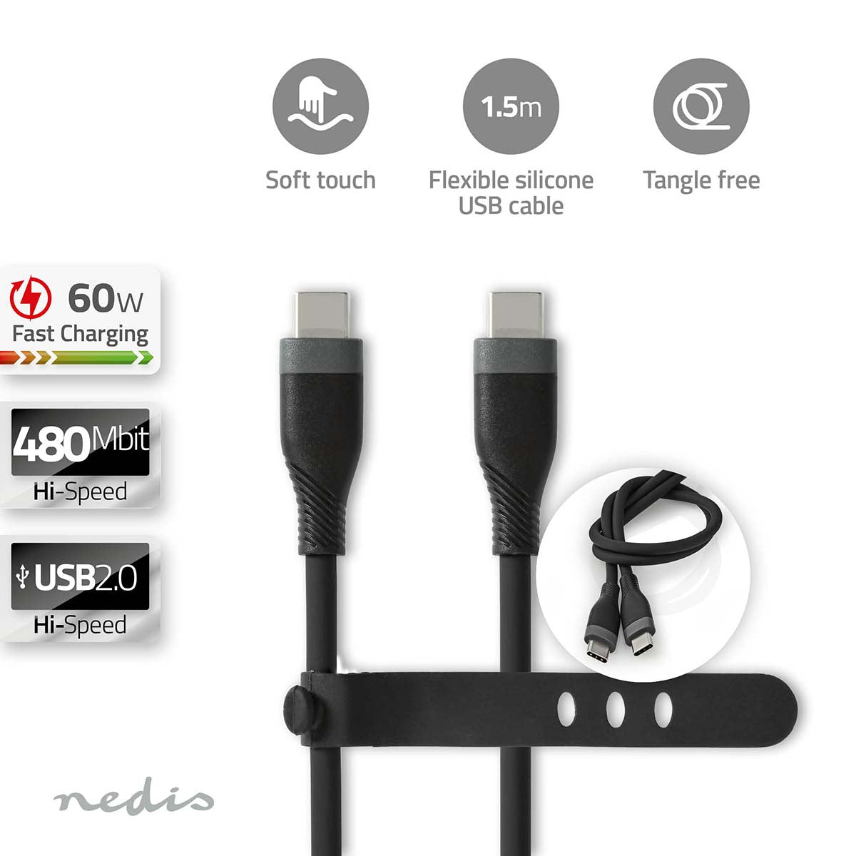 Nedis - USB-kabel | USB 2.0 | USB-C™ Han | USB-C™ Han | 60 W | 480 Mbps | Nikkelplateret | 1.50 m | Runde | Silikone | Sort | Box - CCGB60820BK15