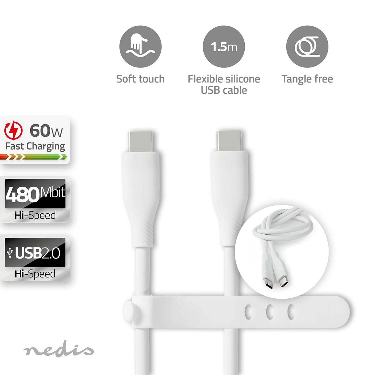 Nedis - USB-kabel | USB 2.0 | USB-C™ Han | USB-C™ Han | 60 W | 480 Mbps | Nikkelplateret | 1.50 m | Runde | Silikone | Hvid | Box - CCGB60820WT15