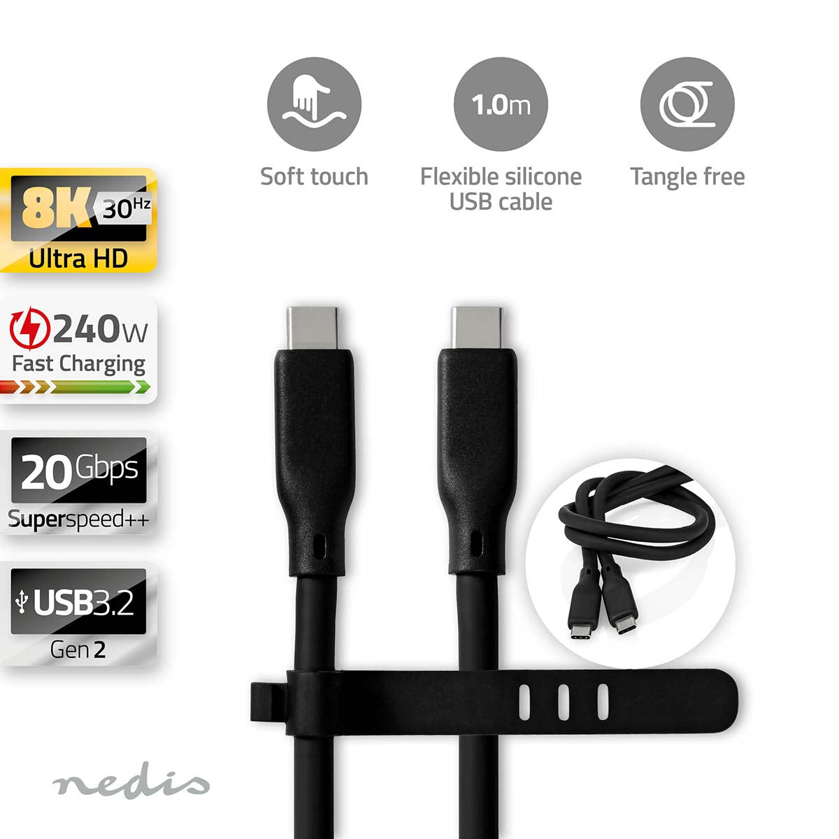 Nedis - USB-kabel | USB 3.2 Gen 2 | USB-C™ Han | USB-C™ Han | 240 W | 8K@30Hz | 20 Gbps | Nikkelplateret | 1.00 m | Runde | Silikone | Sort | Box - CCGB64810BK10