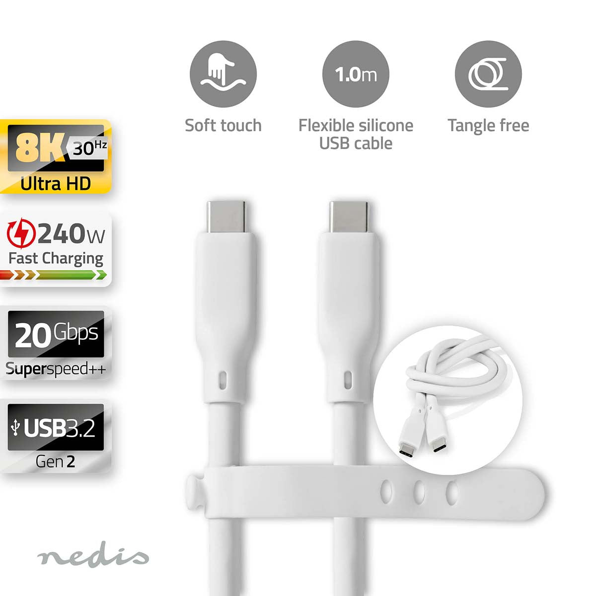 Nedis - USB-kabel | USB 3.2 Gen 2 | USB-C™ Han | USB-C™ Han | 240 W | 8K@30Hz | 20 Gbps | Nikkelplateret | 1.00 m | Runde | Silikone | Hvid | Box - CCGB64810WT10