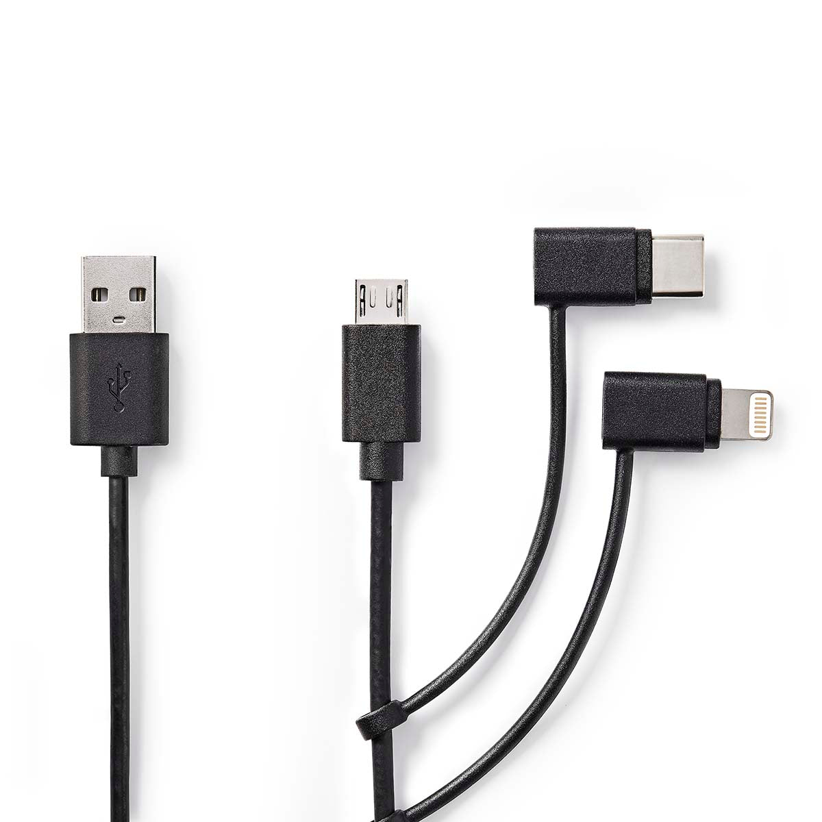 Nedis - 3 i 1 kabel | USB 2.0 | USB-A Han | Apple Lightning 8-pin / USB Micro-B han / USB-C™ Han | 480 Mbps | 1.00 m | Nikkelplateret | Runde | PVC | Sort | Label - CCGL60620BK10