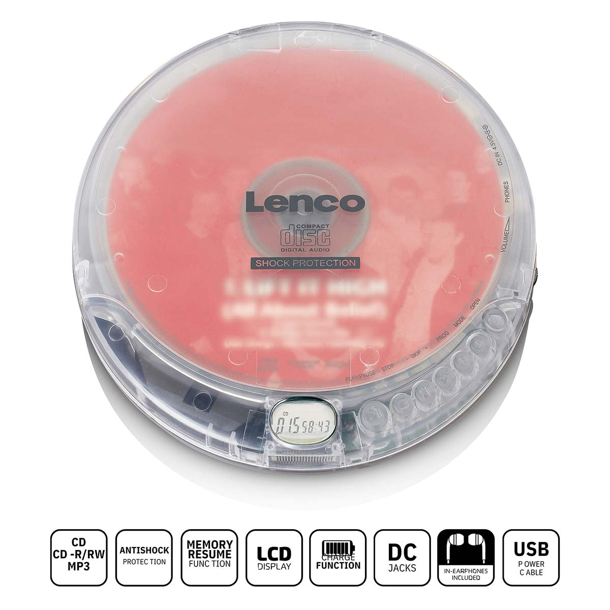 Lenco - Bærbar cd-afspiller med anti-stød Transparent - CD-202TR