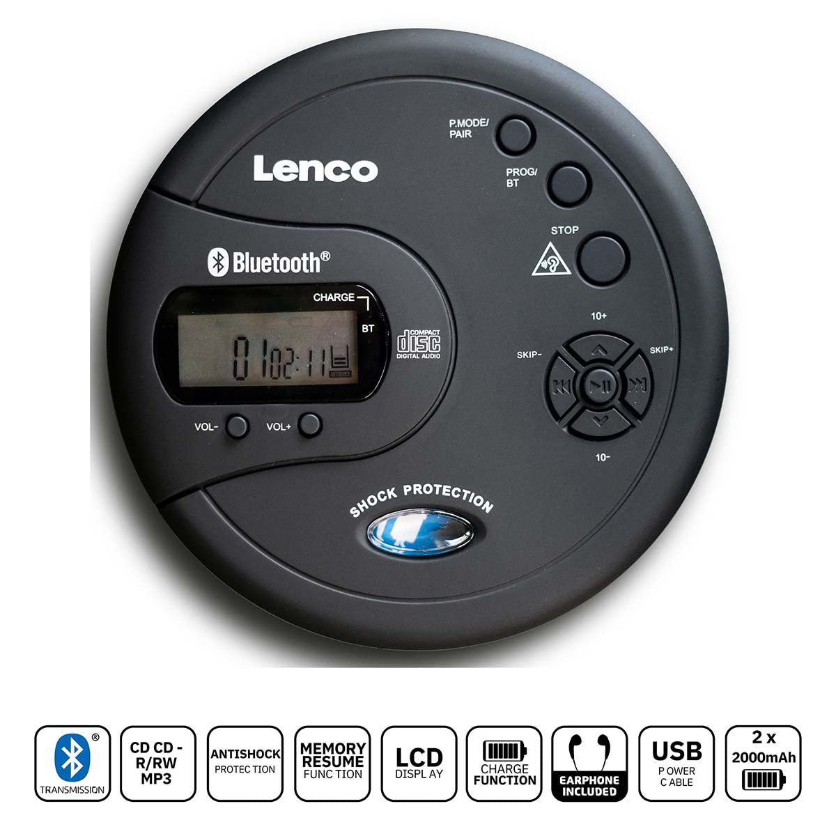 Bærbar Bluetooth CD-MP3-afspiller fra Lenco i sort med antishock funktion og LCD display der viser tid og indstillinger inkluderer knapper til volumen, spor, og parring samt en USB opladningsfunktion og medfølgende høretelefoner