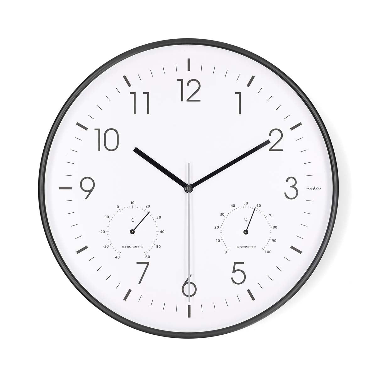 Nedis - Vægur | Diameter: 300 mm | Plastik | Stille bevægelse | Termometer | Hygrometer | Hvid / Sort - CLWA4226BK - Butik24